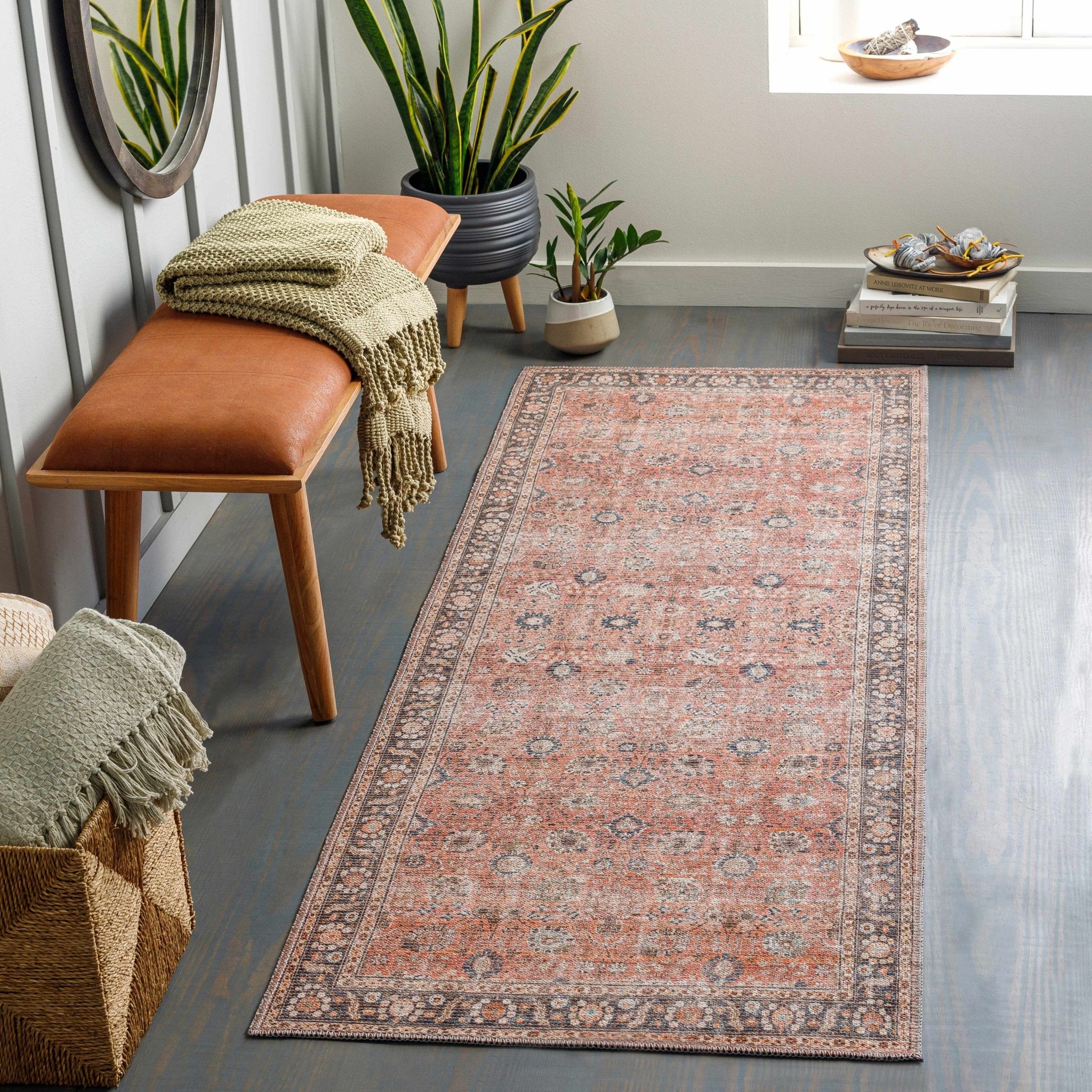 Traditional Design Floral Rust And Charcoal Washable Area Rug - Image 4