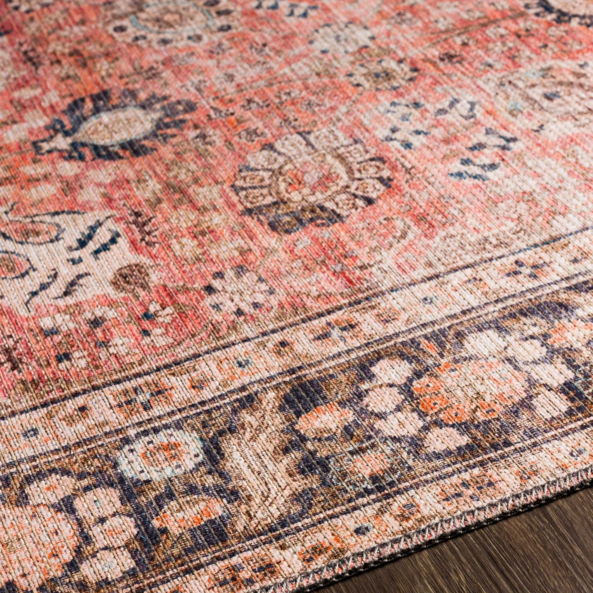 Traditional Design Floral Rust And Charcoal Washable Area Rug - Image 5