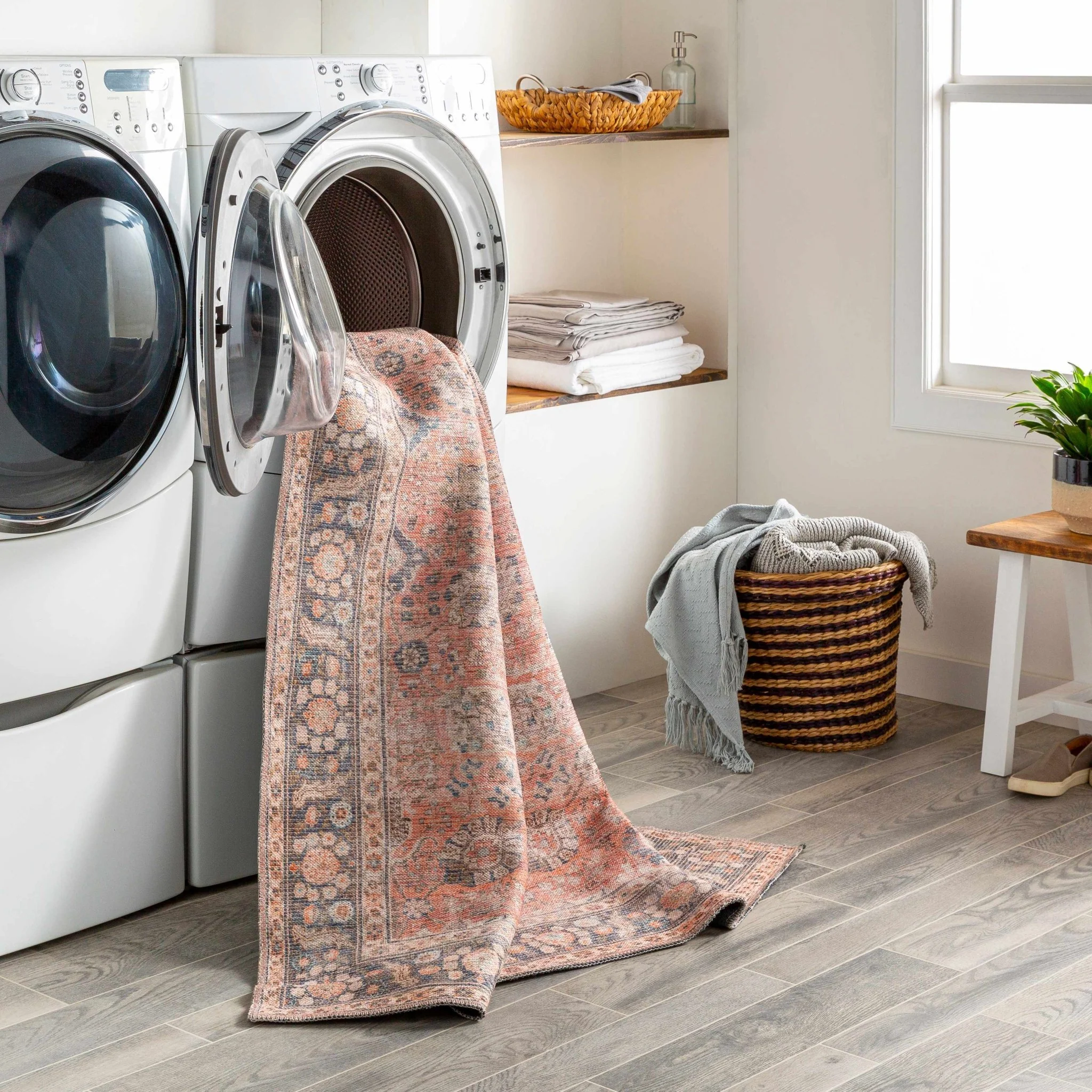 Traditional Design Floral Rust And Charcoal Washable Area Rug - Image 6