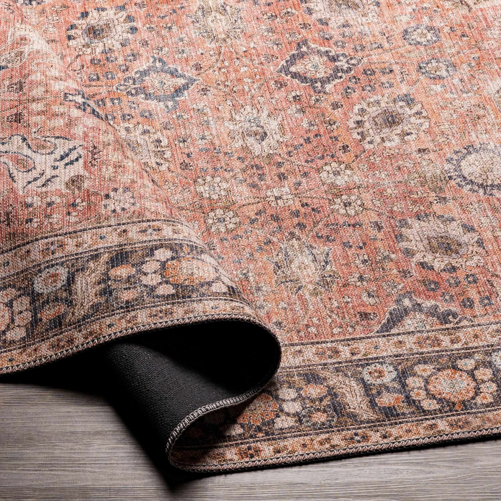 Traditional Design Floral Rust And Charcoal Washable Area Rug - Image 7