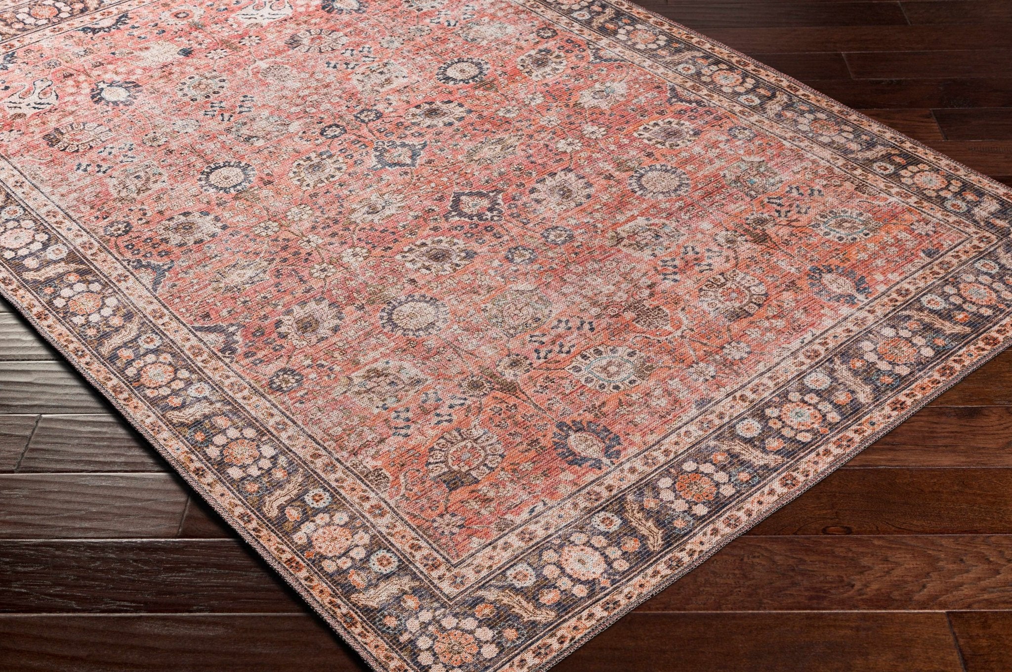 Traditional Design Floral Rust And Charcoal Washable Area Rug - Image 8