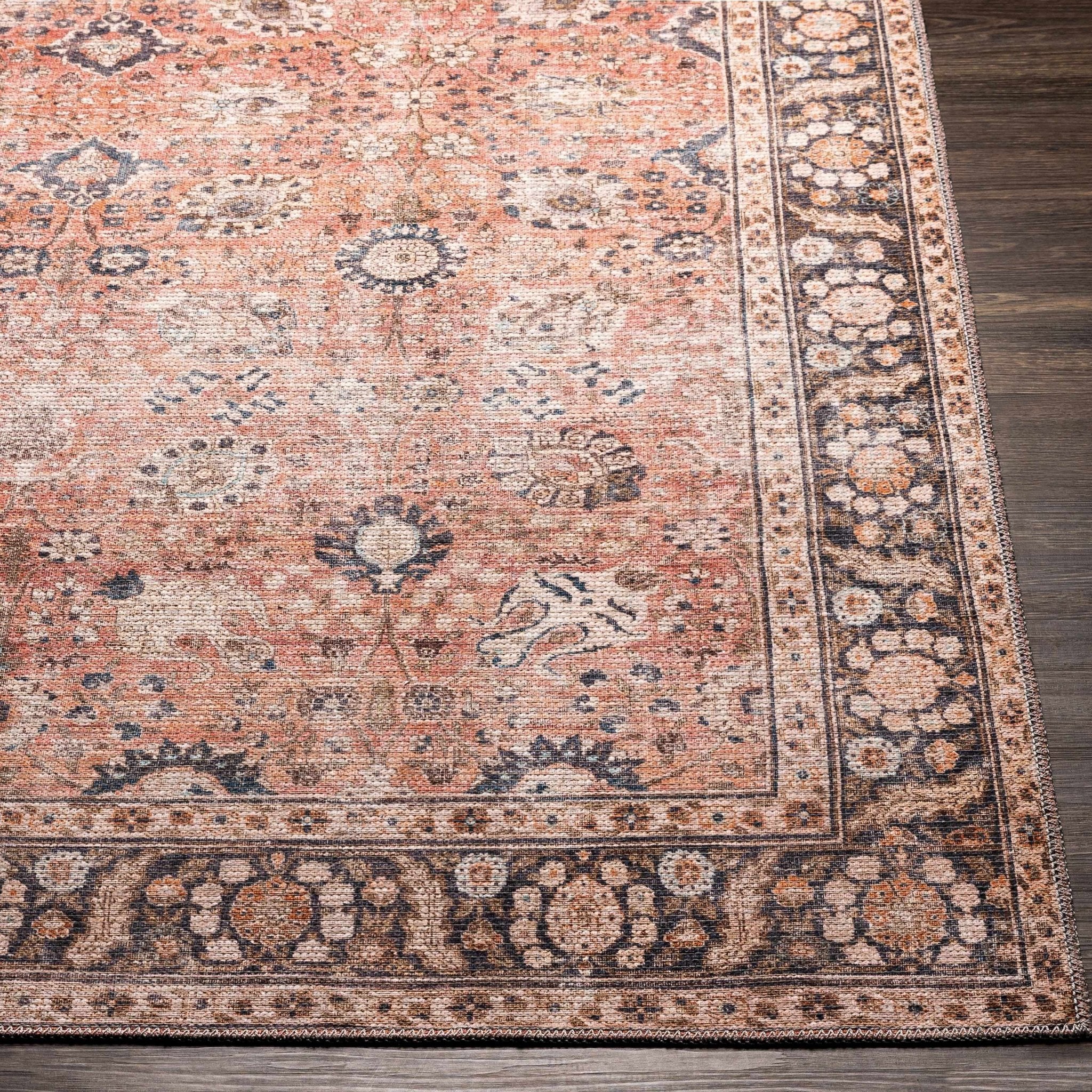 Traditional Design Floral Rust And Charcoal Washable Area Rug - Image 9