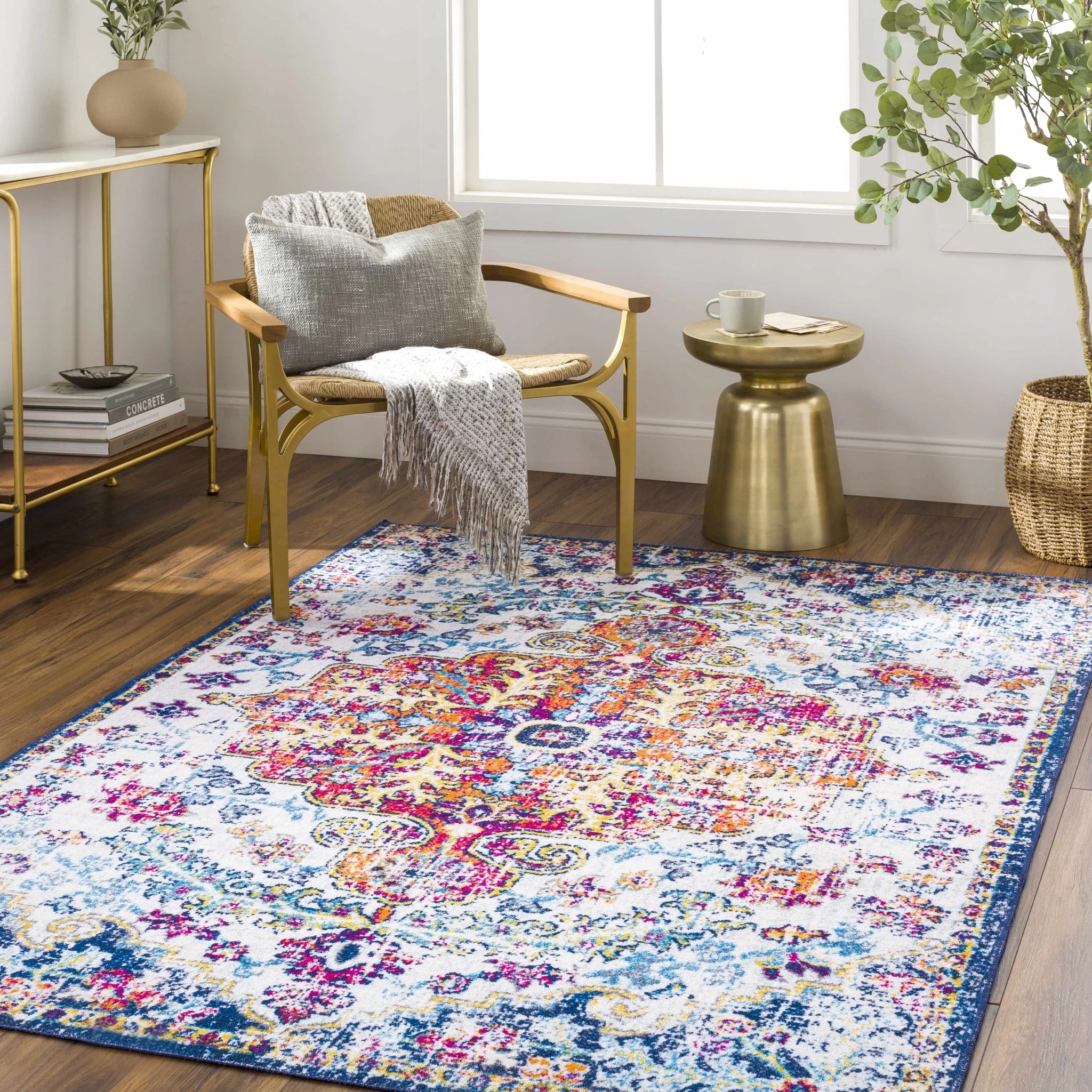 Traditional Vintage Style White, Blue, Mustard, Pink Multi color Washable Area Rug - Image 11