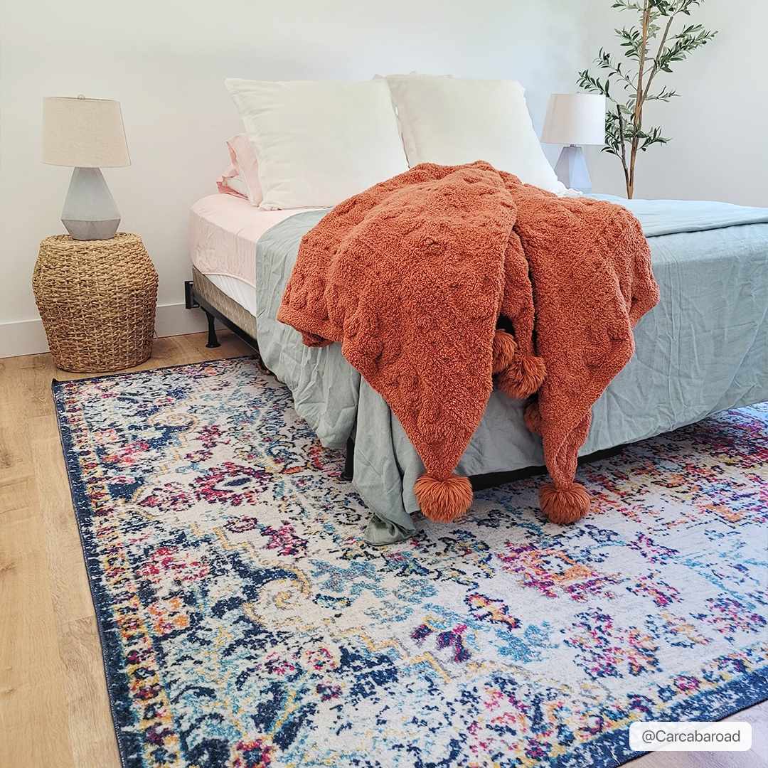 Traditional Vintage Style White, Blue, Mustard, Pink Multi color Washable Area Rug - Image 2