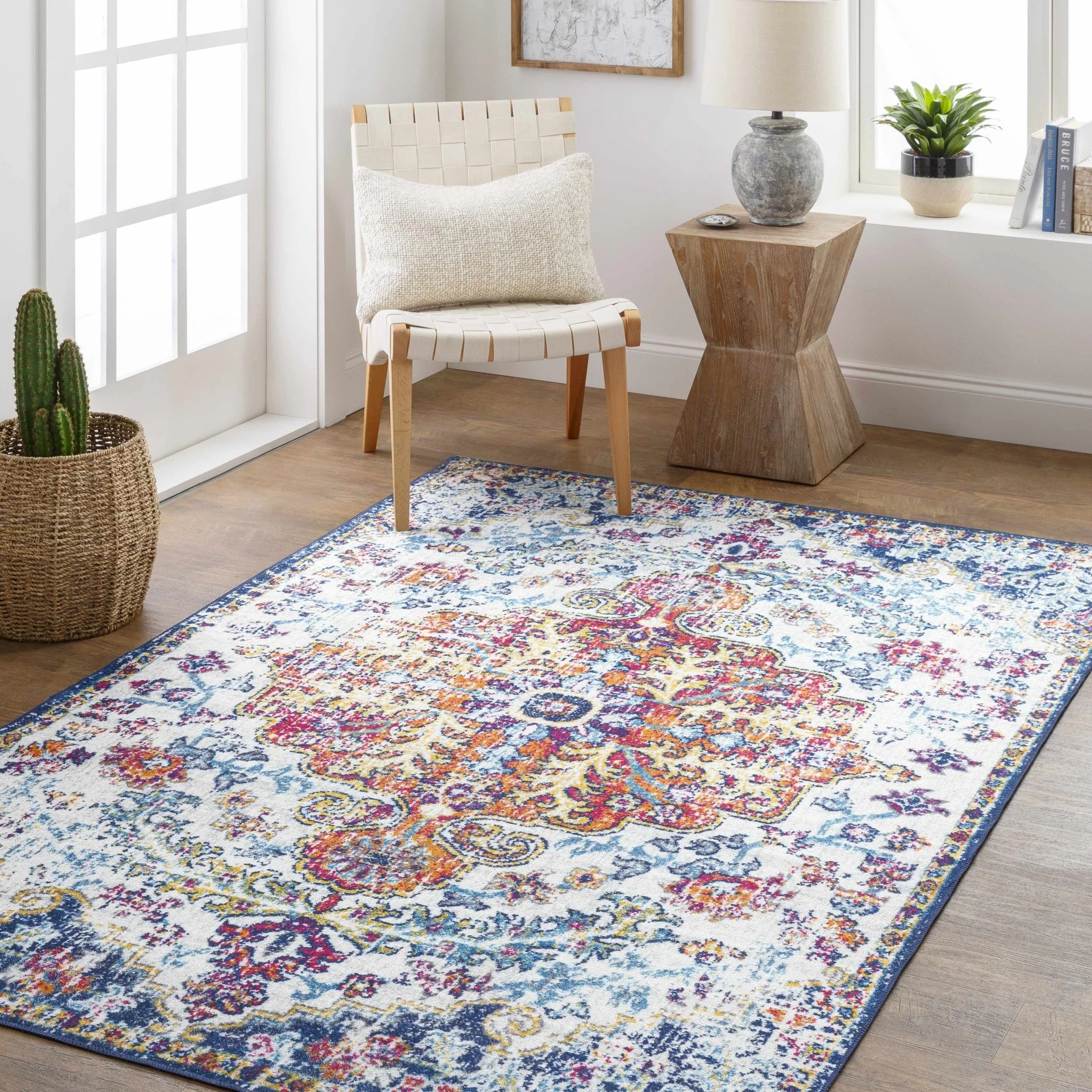 Traditional Vintage Style White, Blue, Mustard, Pink Multi color Washable Area Rug - Image 3