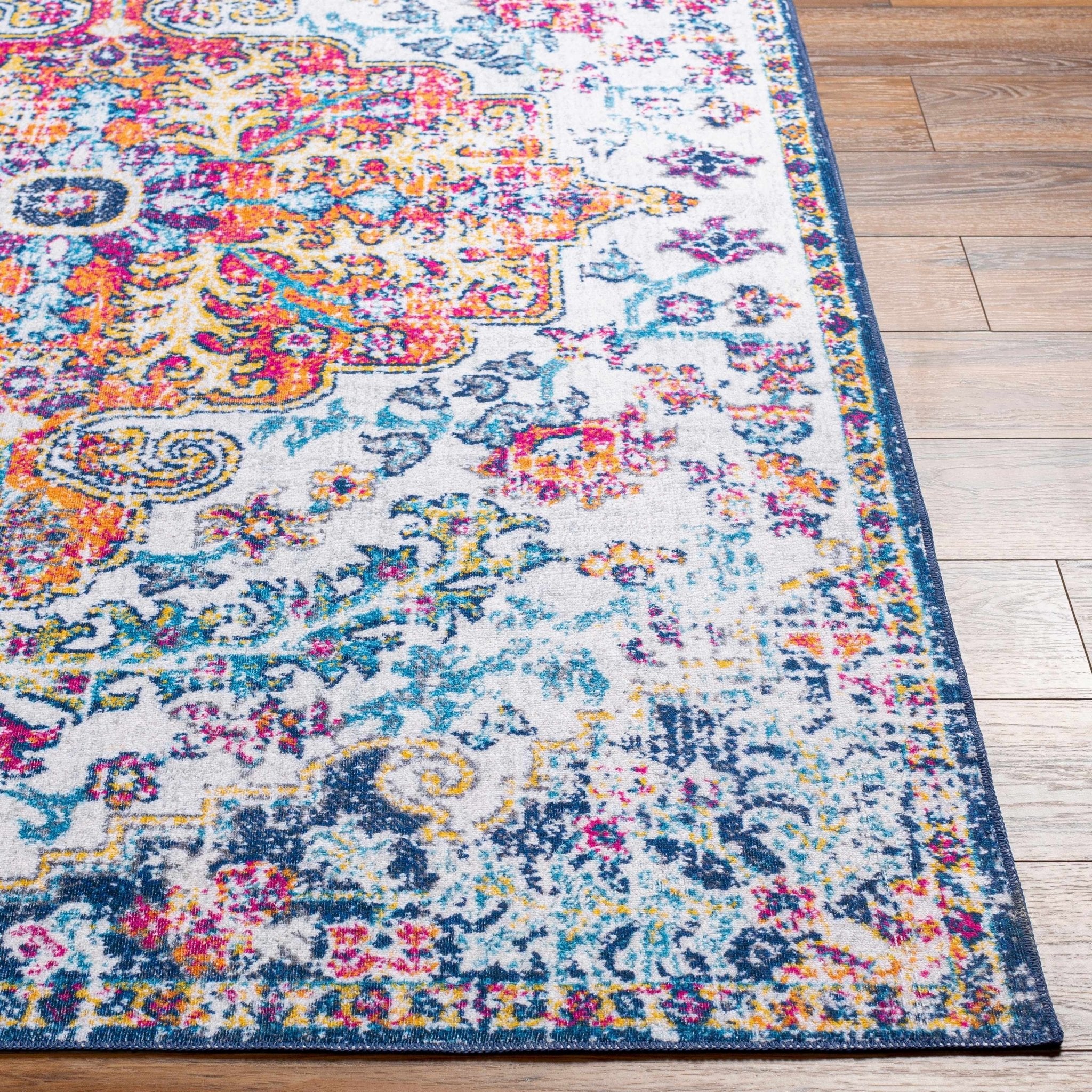 Traditional Vintage Style White, Blue, Mustard, Pink Multi color Washable Area Rug - Image 5