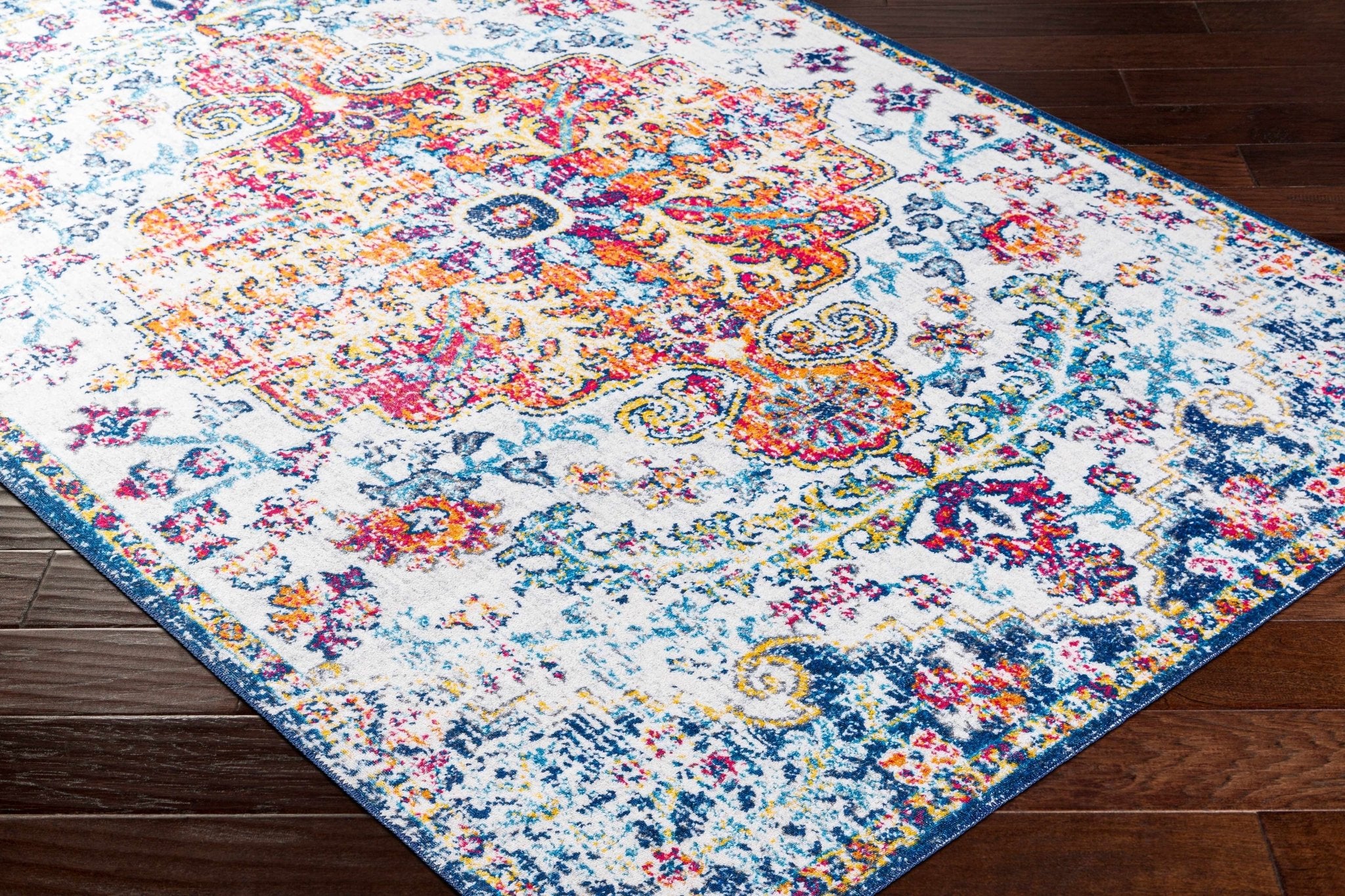 Traditional Vintage Style White, Blue, Mustard, Pink Multi color Washable Area Rug - Image 6