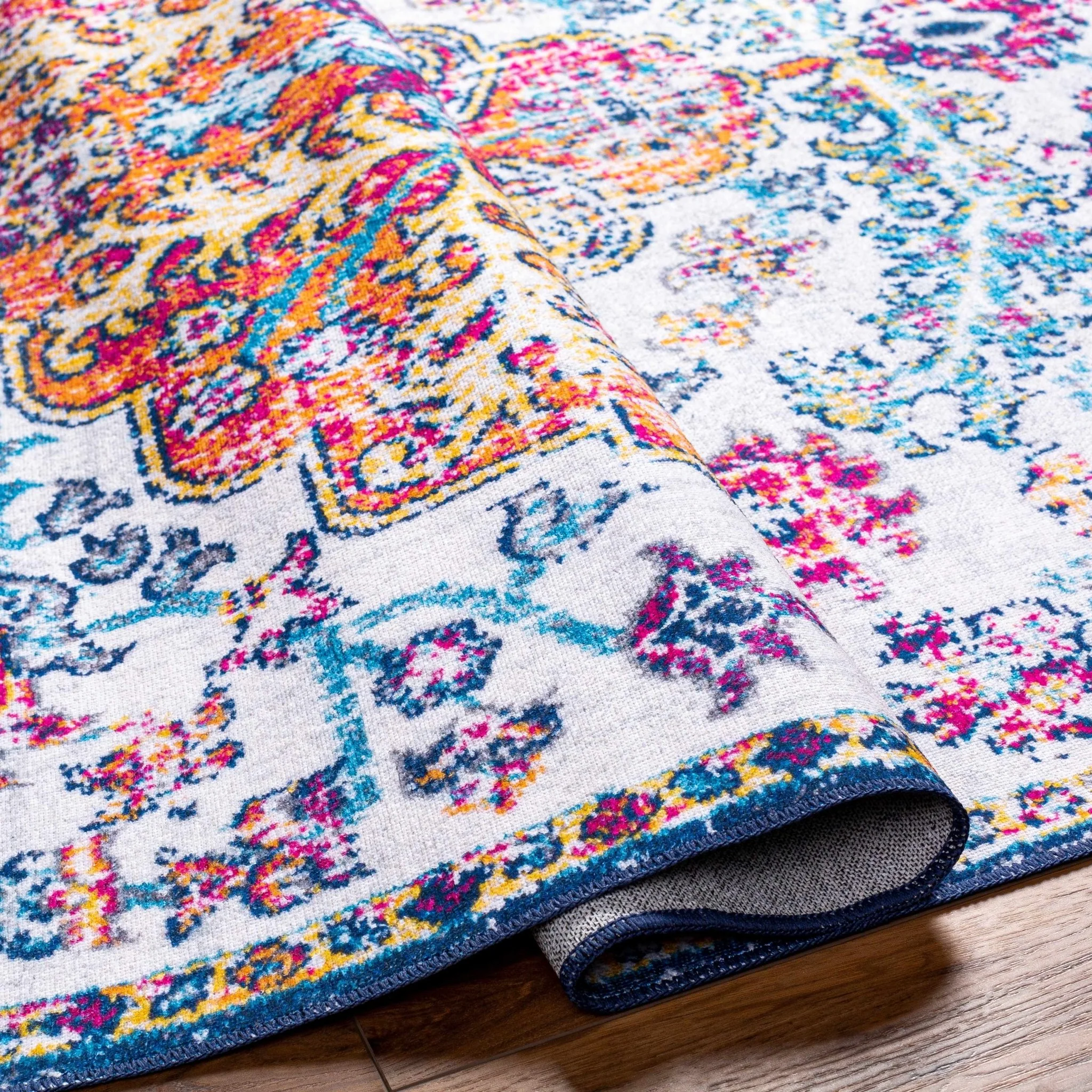 Traditional Vintage Style White, Blue, Mustard, Pink Multi color Washable Area Rug - Image 7