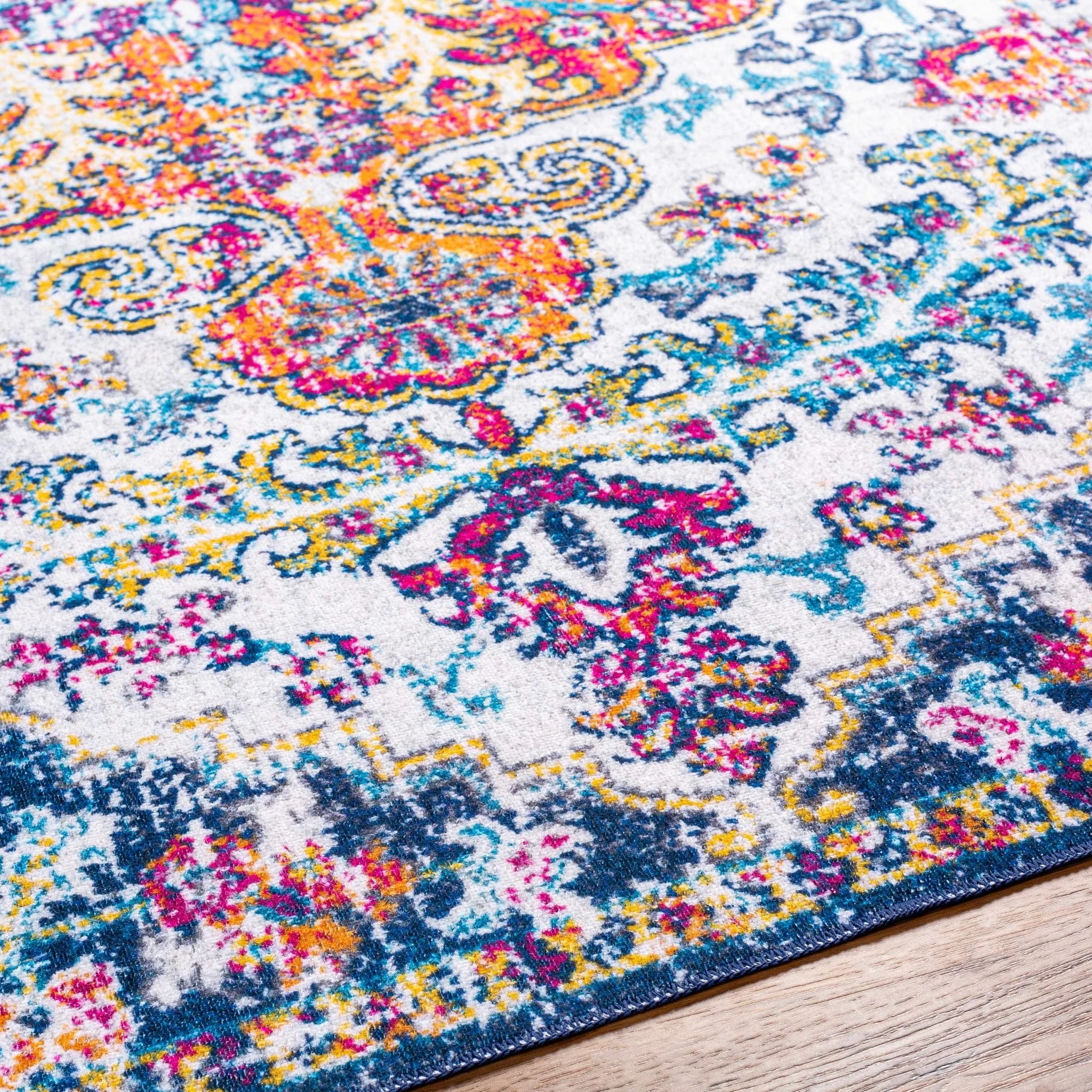 Traditional Vintage Style White, Blue, Mustard, Pink Multi color Washable Area Rug - Image 8