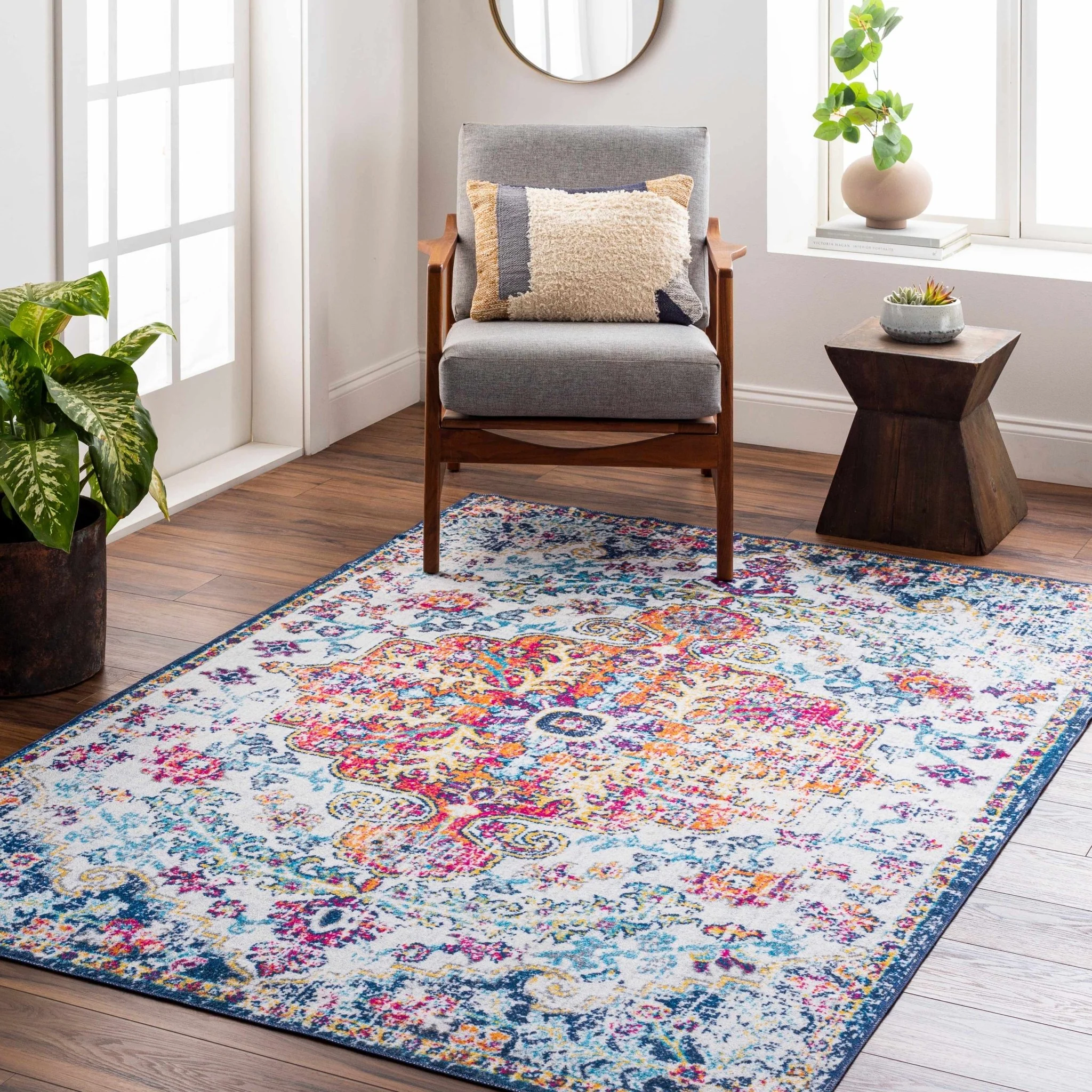Traditional Vintage Style White, Blue, Mustard, Pink Multi color Washable Area Rug - Image 9