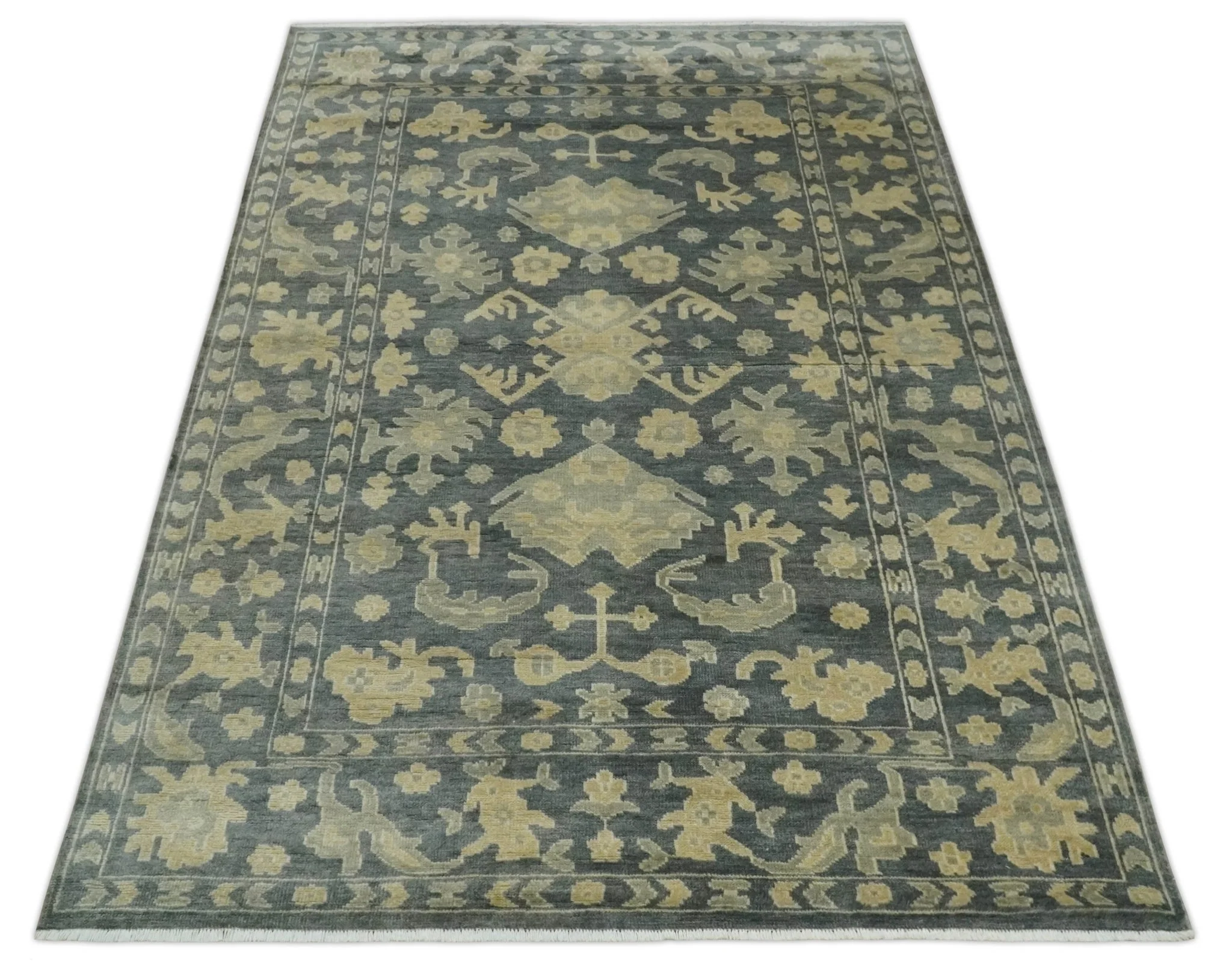 Antique Style 6x9 Hand Knotted Beige and Charcoal Traditional Wool Rug | N35669 - Image 10