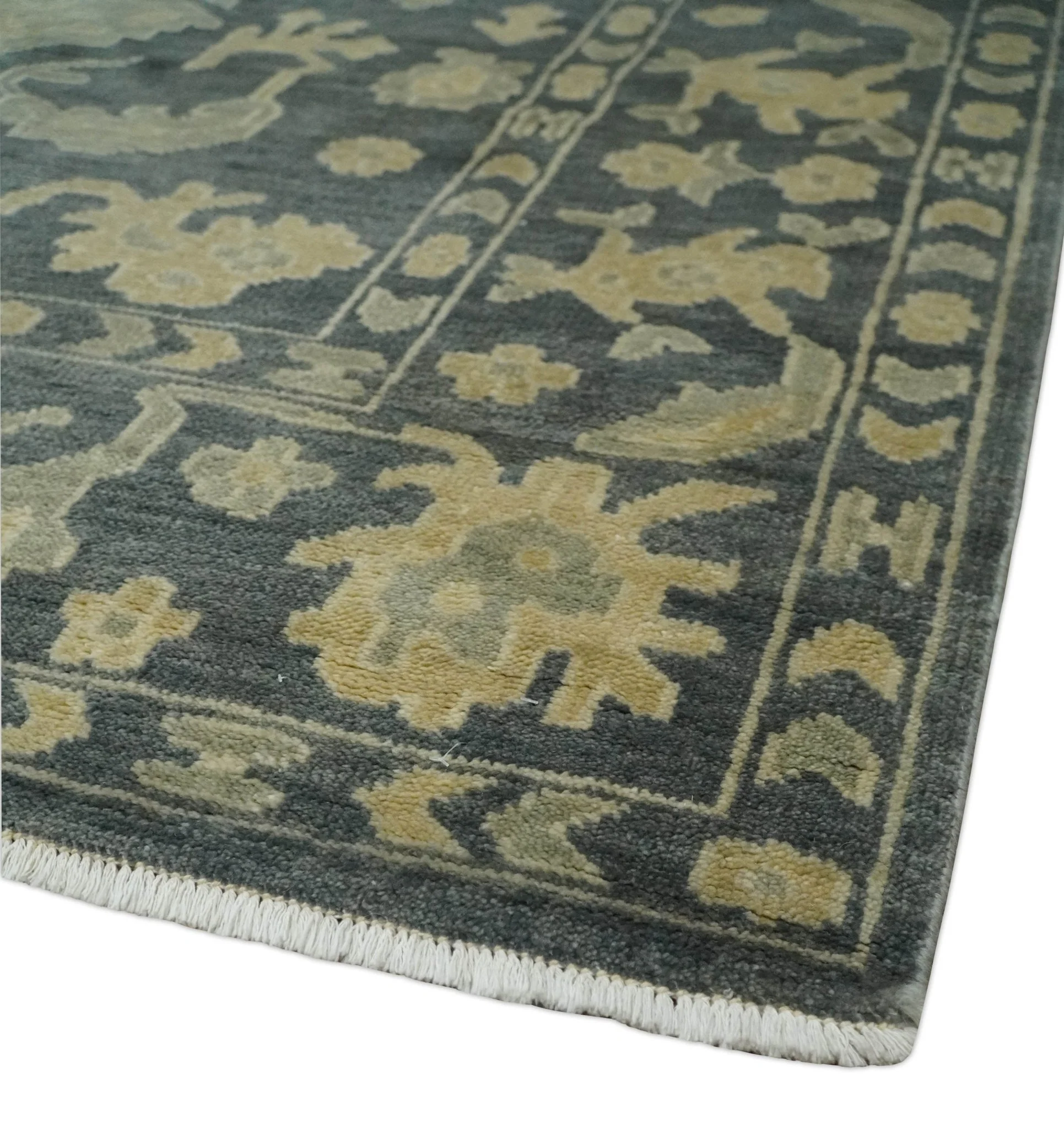 Antique Style 6x9 Hand Knotted Beige and Charcoal Traditional Wool Rug | N35669 - Image 5