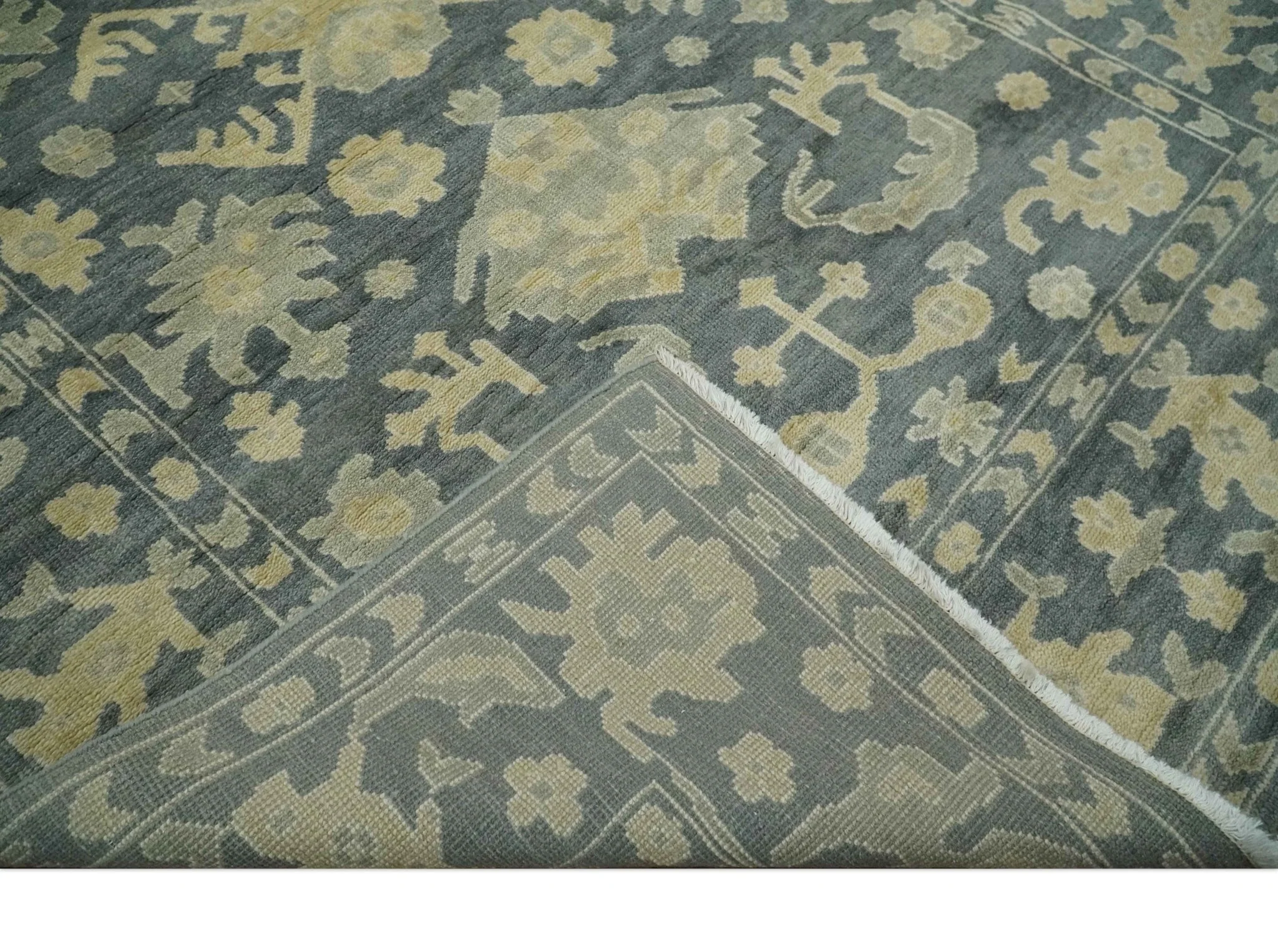 Antique Style 6x9 Hand Knotted Beige and Charcoal Traditional Wool Rug | N35669 - Image 7