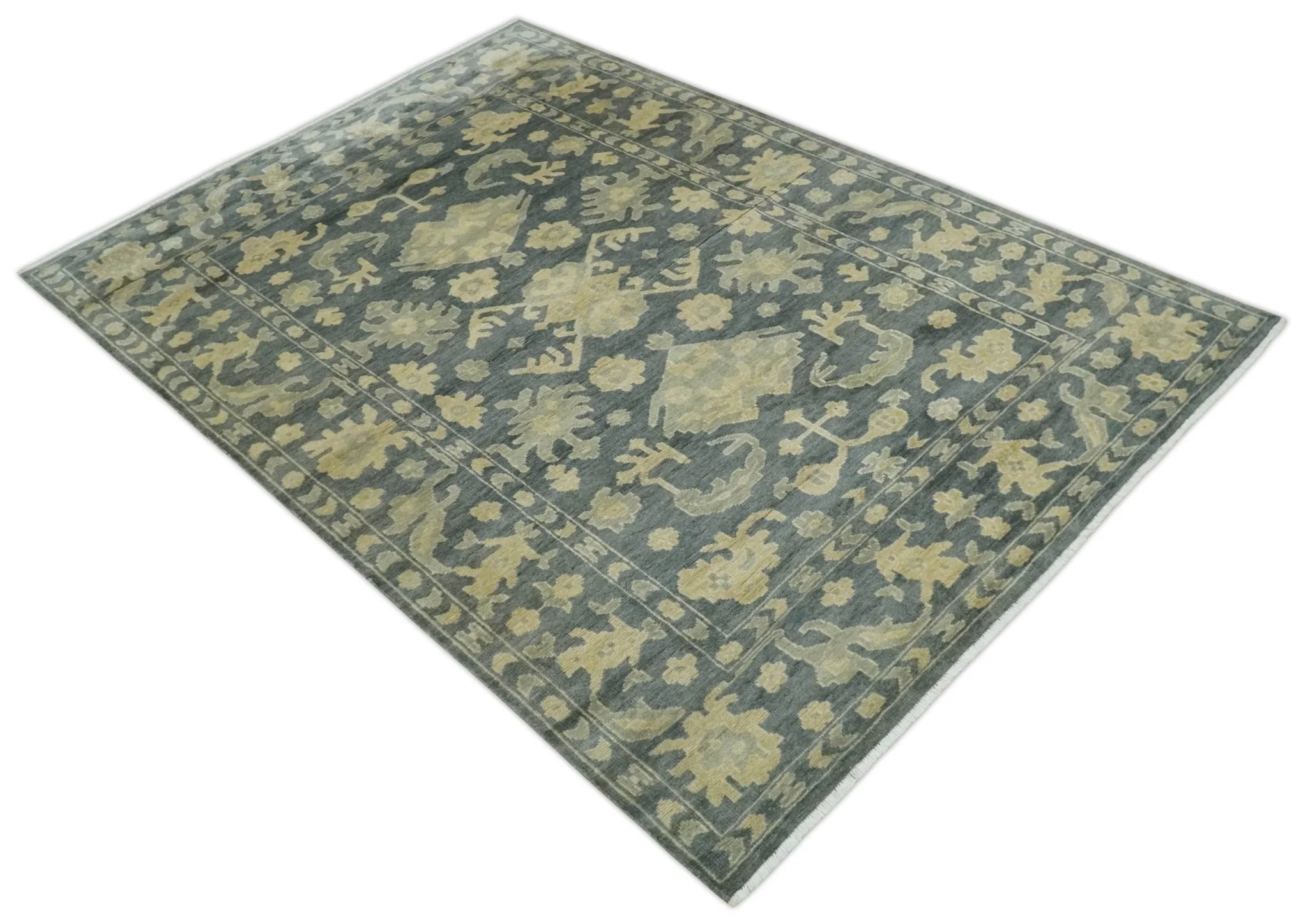 Antique Style 6x9 Hand Knotted Beige and Charcoal Traditional Wool Rug | N35669 - Image 9