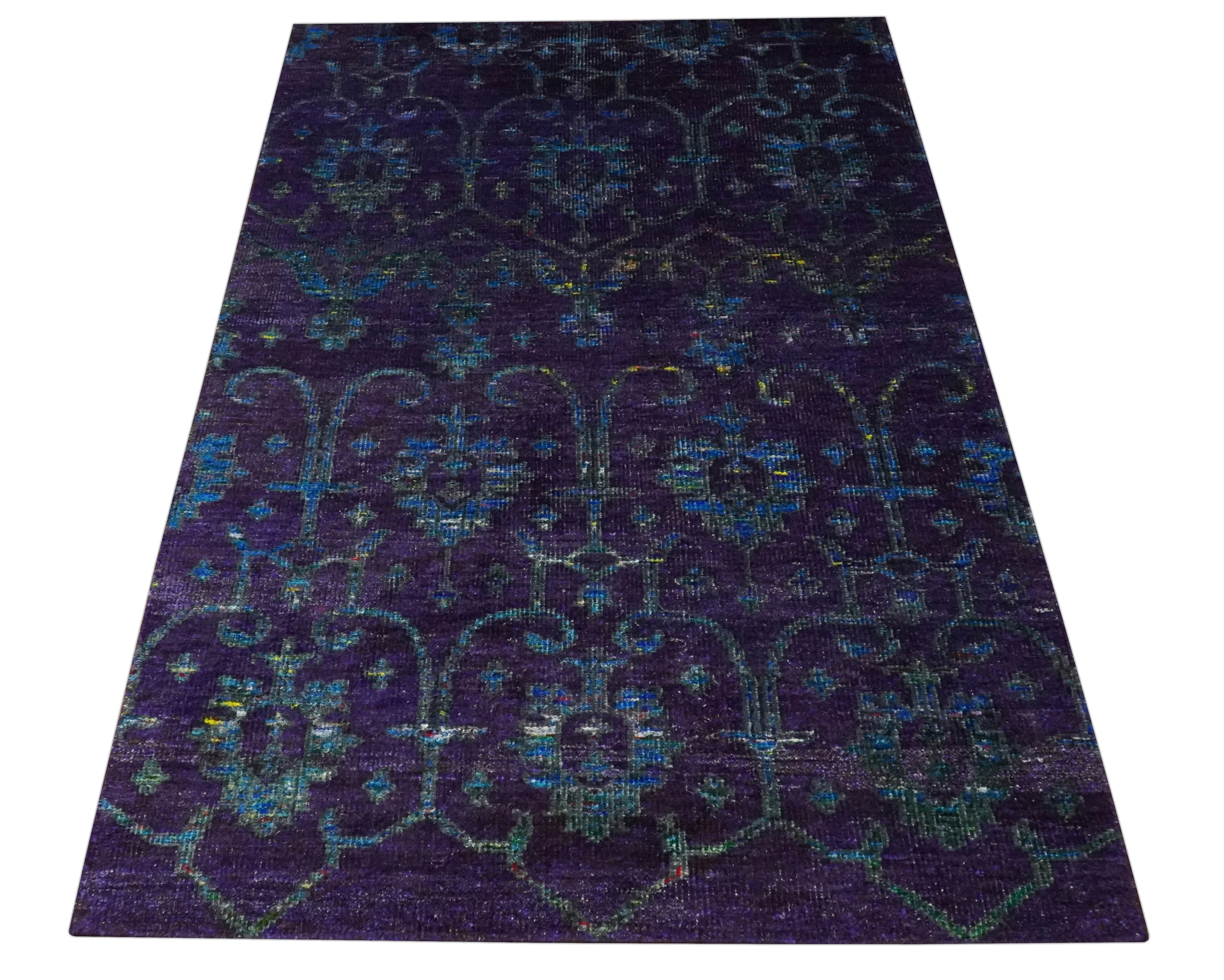 Violet and Blue Traditional Ikat design 5x8 Hand knotted wool area rug - Image 10