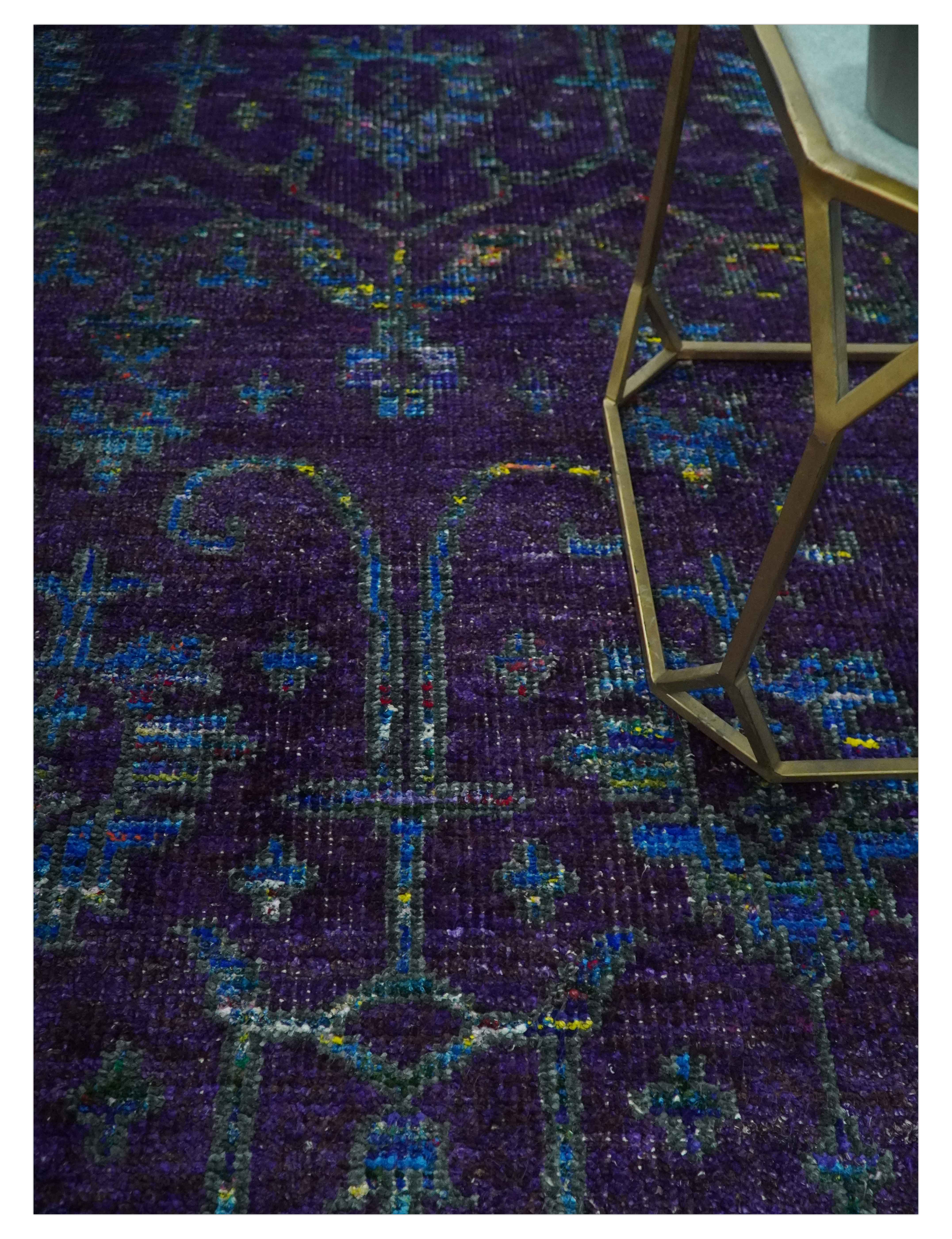 Violet and Blue Traditional Ikat design 5x8 Hand knotted wool area rug - Image 2