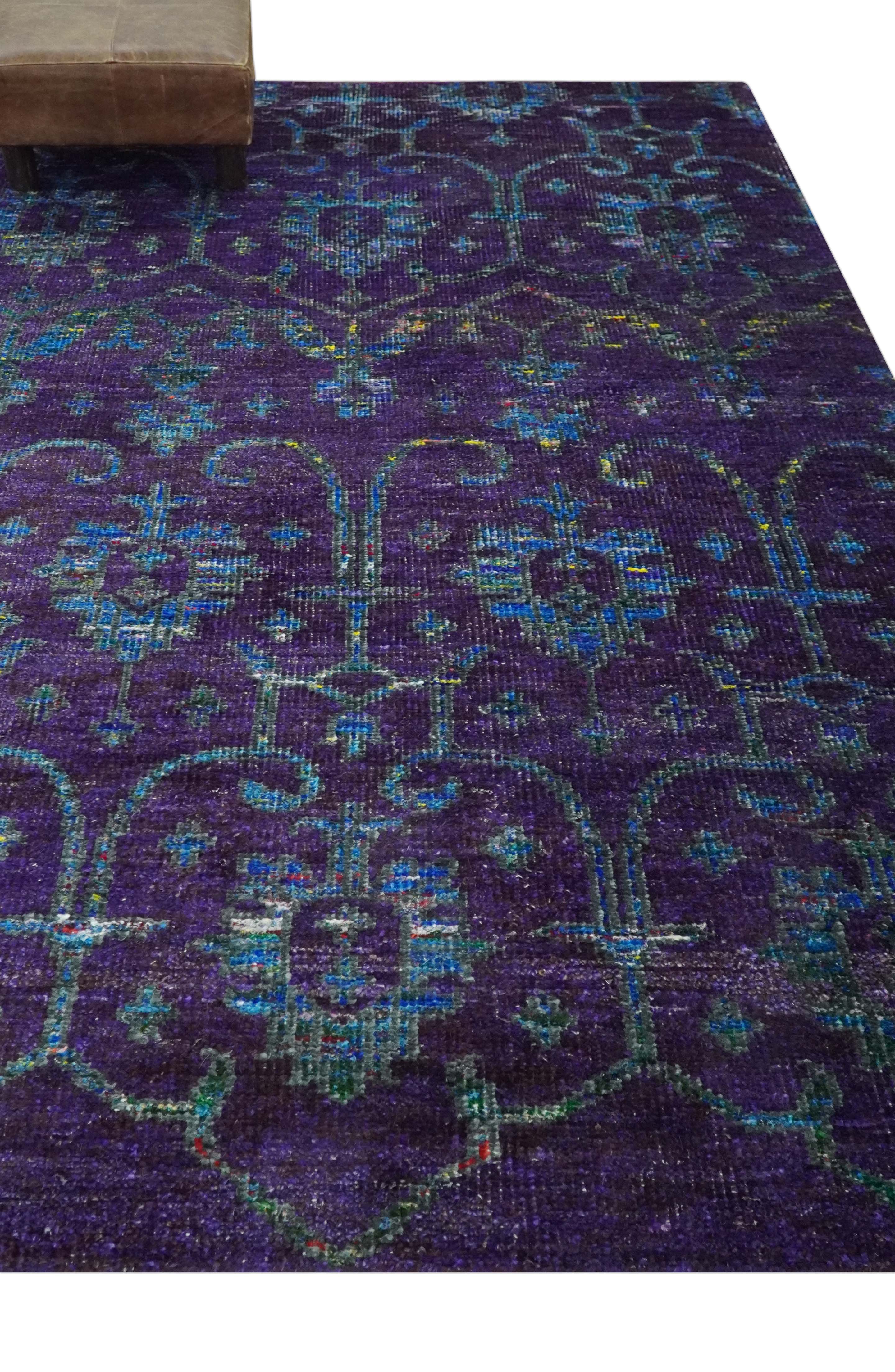 Violet and Blue Traditional Ikat design 5x8 Hand knotted wool area rug - Image 3