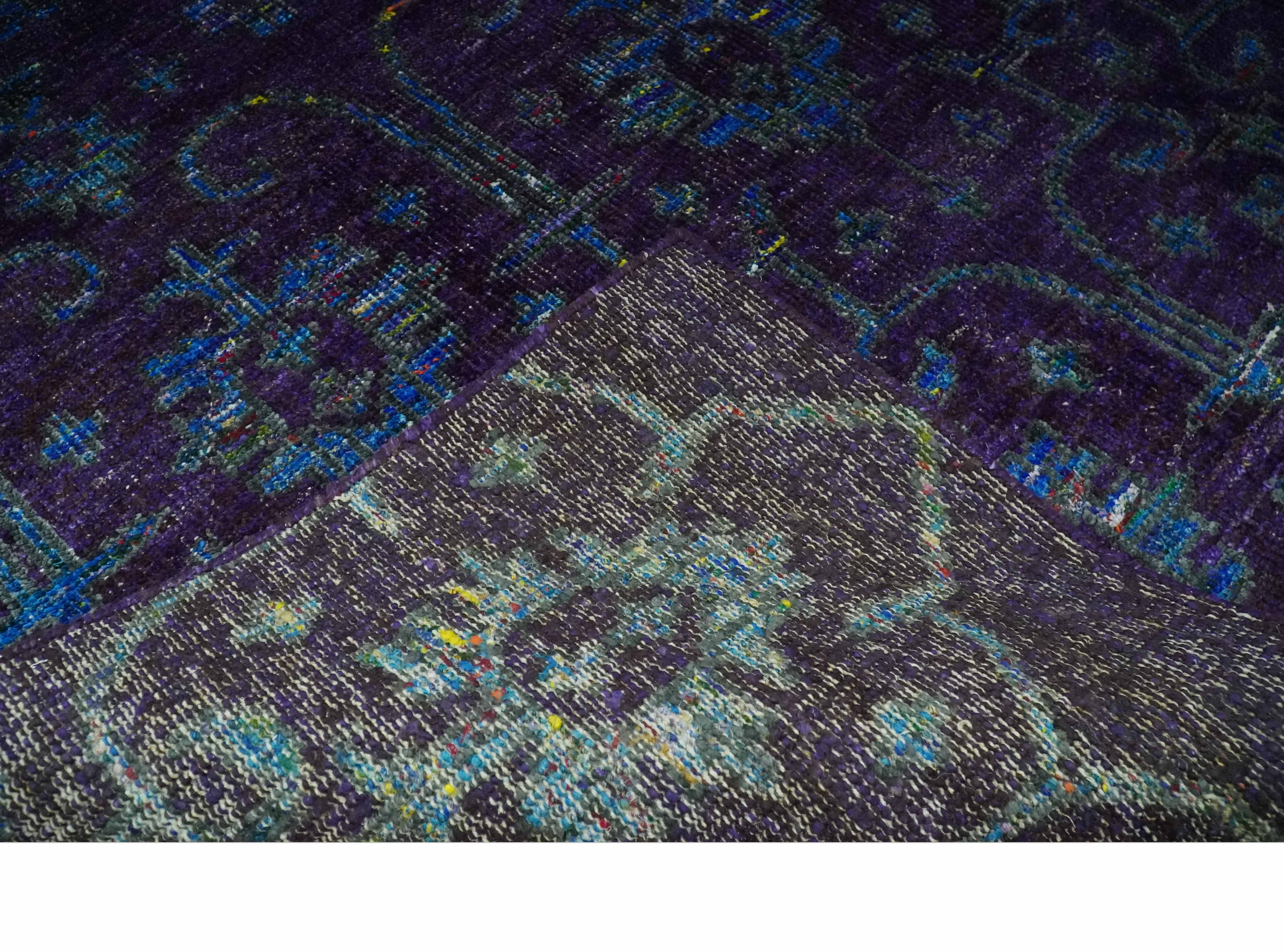 Violet and Blue Traditional Ikat design 5x8 Hand knotted wool area rug - Image 6