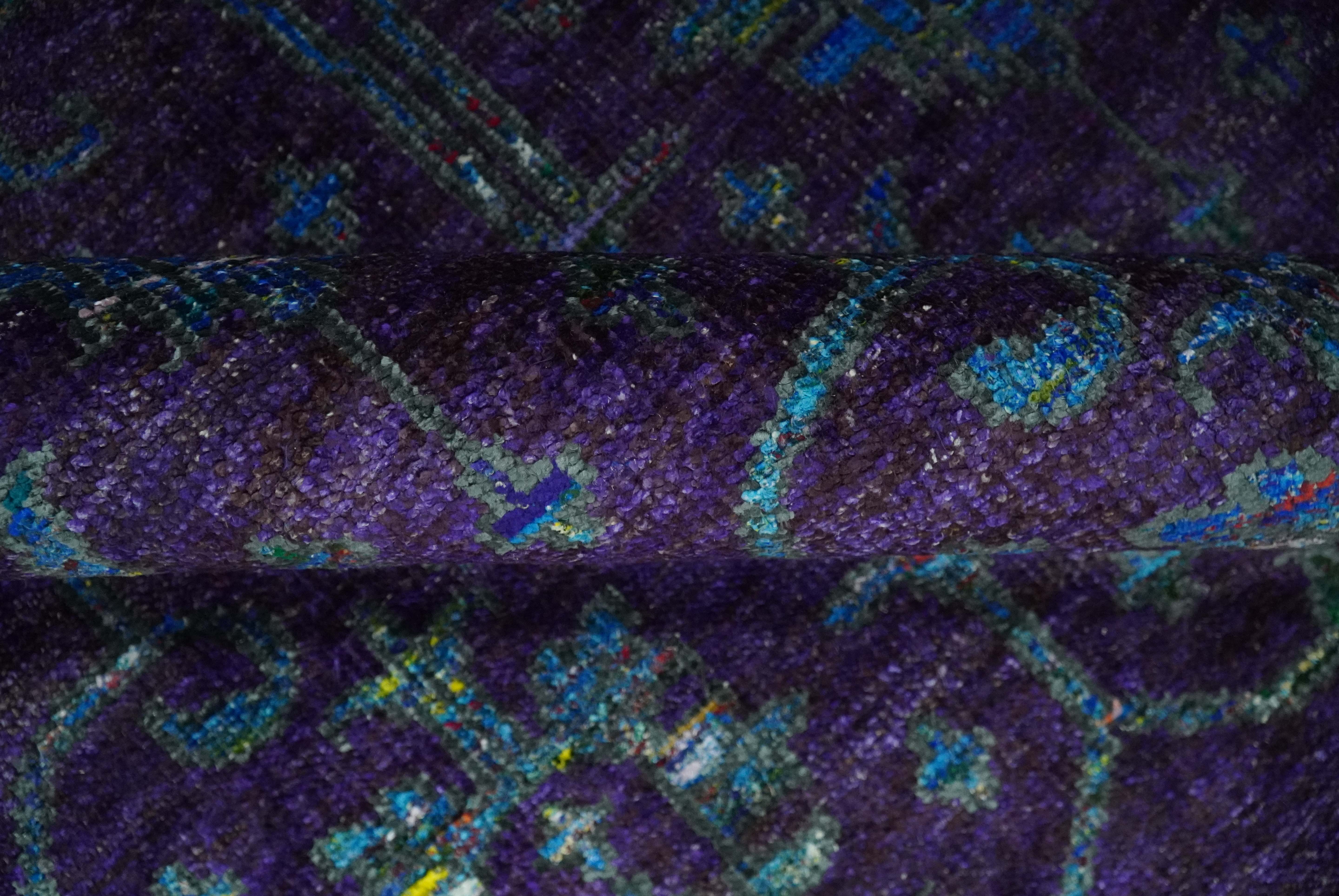 Violet and Blue Traditional Ikat design 5x8 Hand knotted wool area rug - Image 7