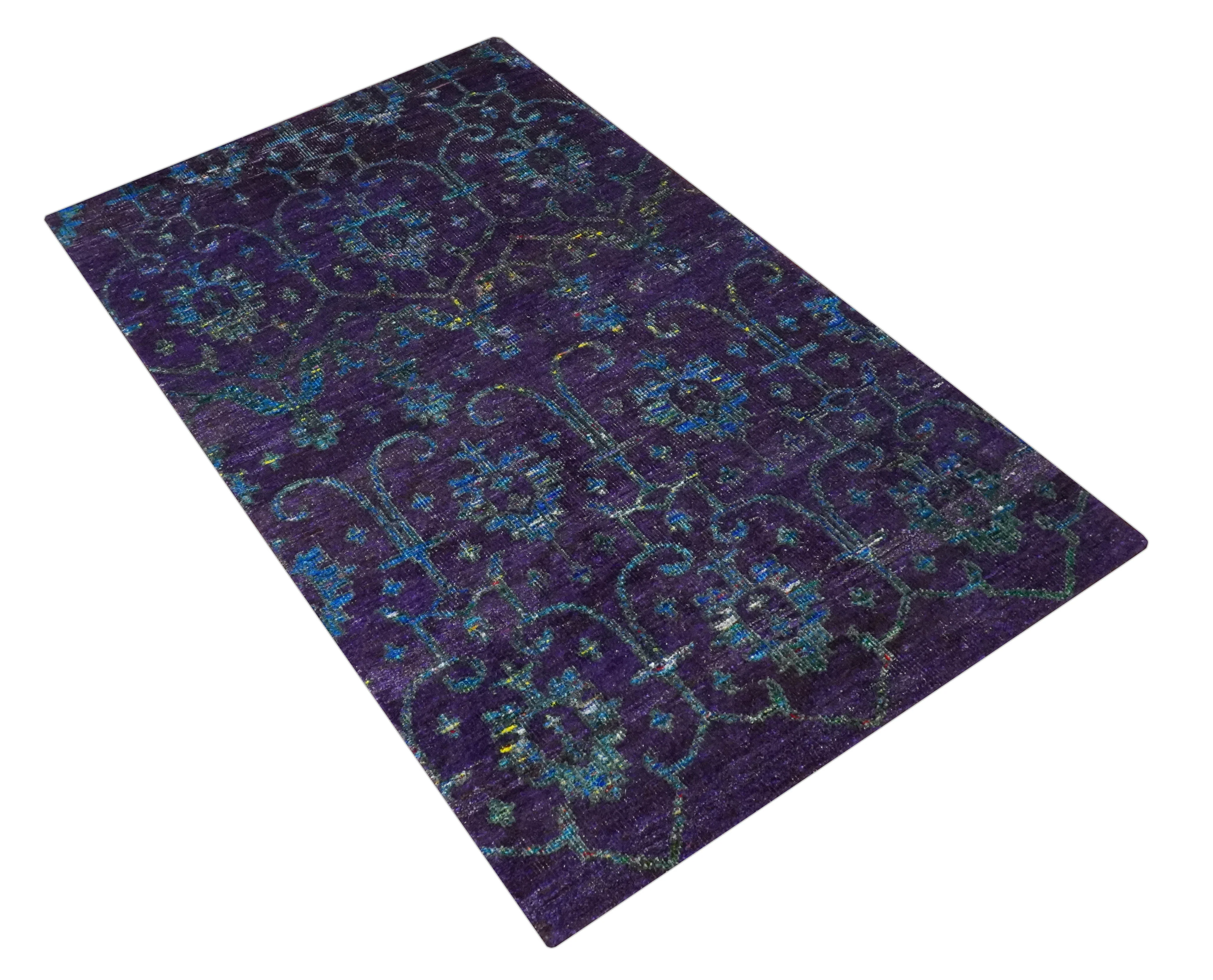 Violet and Blue Traditional Ikat design 5x8 Hand knotted wool area rug - Image 9
