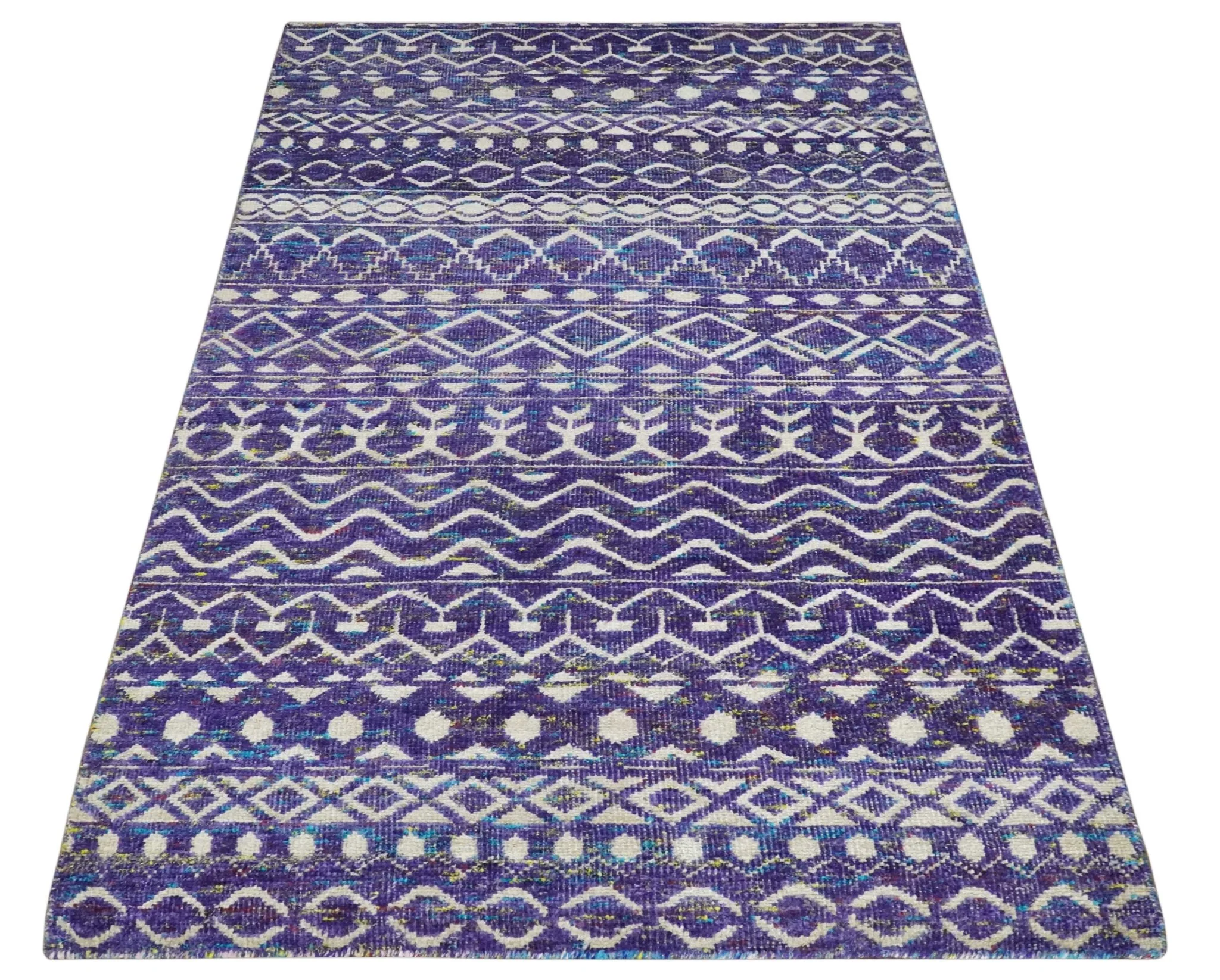 5.7x8.7 Hand Knotted Violet and Ivory Modern Contemporary Southwestern Tribal Trellis Recycled Silk Area Rug - Image 10