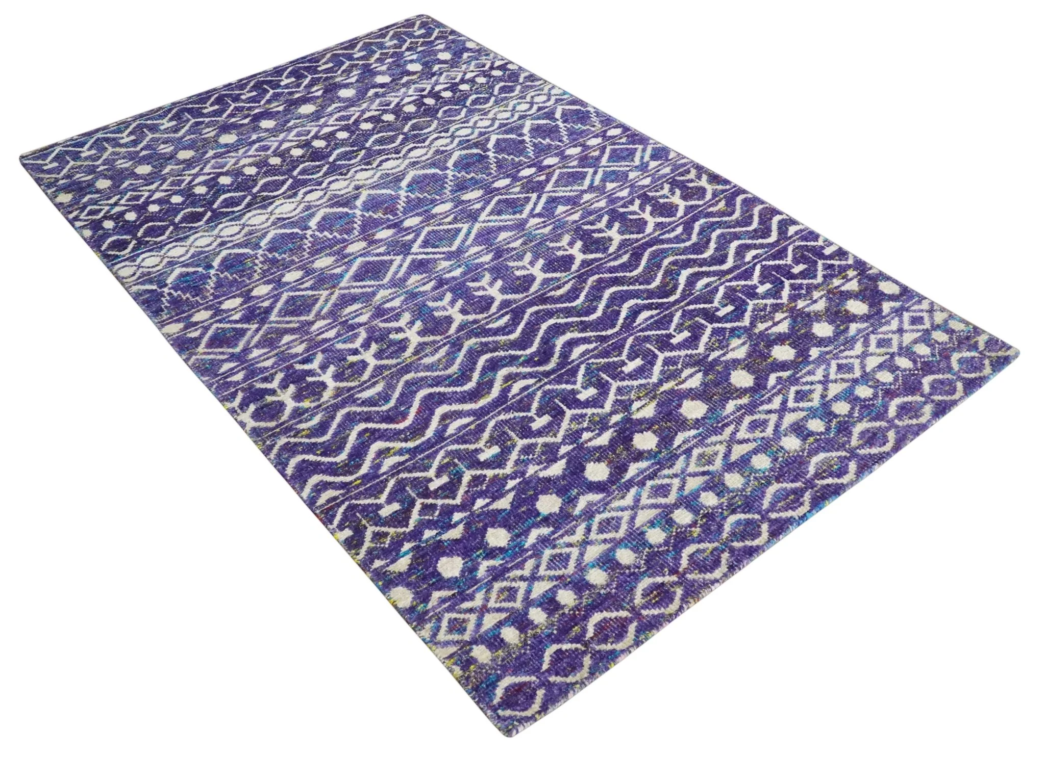 5.7x8.7 Hand Knotted Violet and Ivory Modern Contemporary Southwestern Tribal Trellis Recycled Silk Area Rug - Image 9