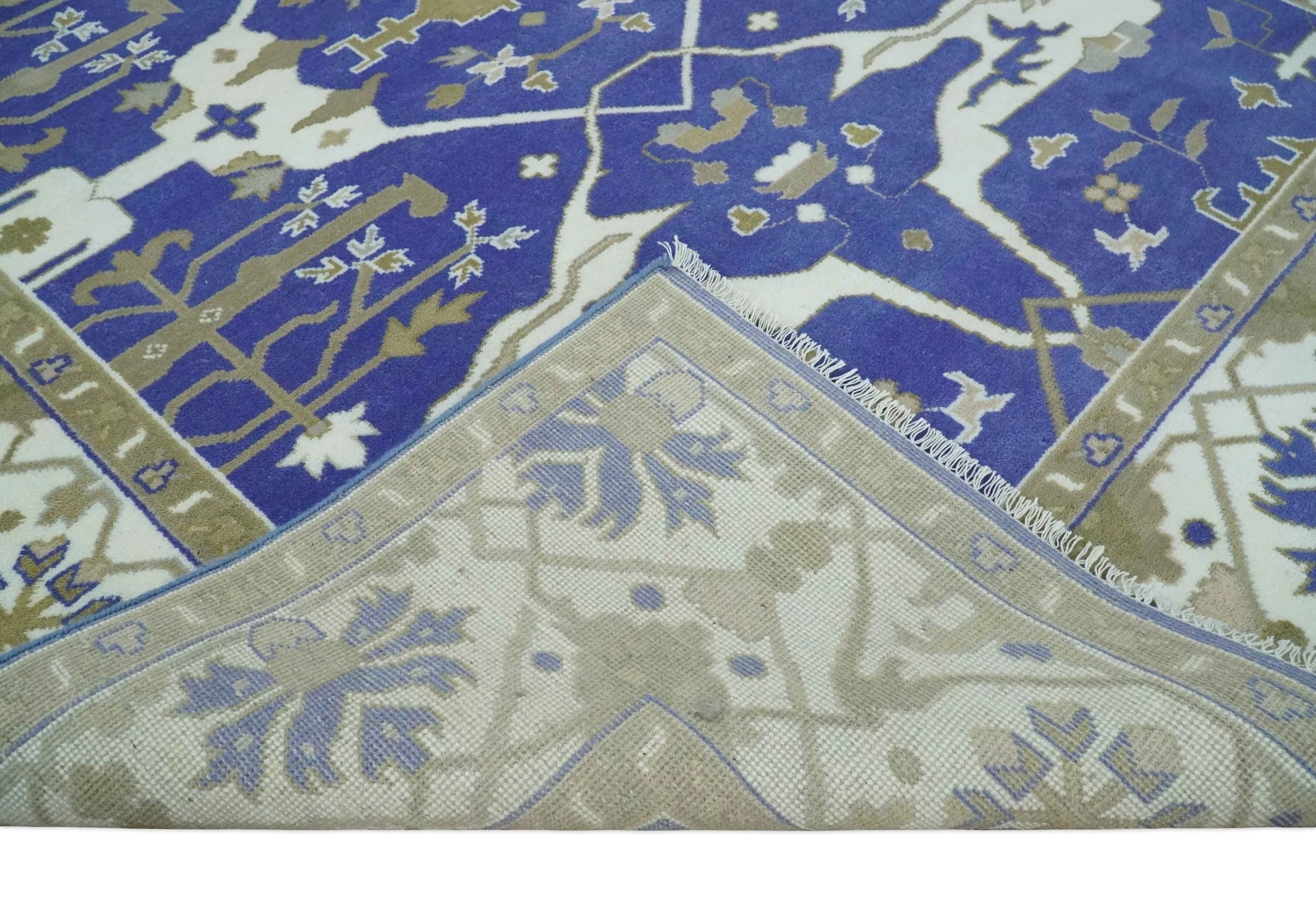 Custom Made Violet, Ivory and Olive Traditional Hand knotted Oriental Oushak wool Area Rug - Image 7