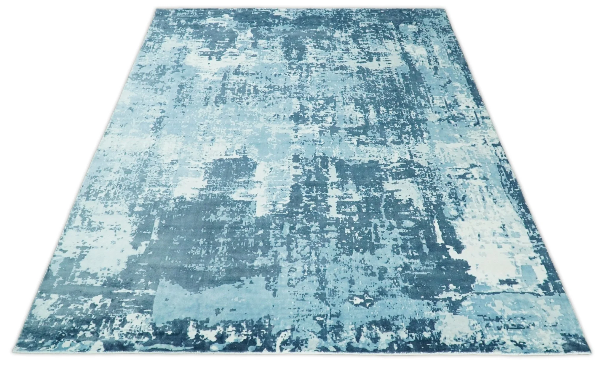 Handmade 8x10, 9x12 and 9.9x13.9 White and Blue Blended Wool and Bamboo Silk Area Rug - Image 7