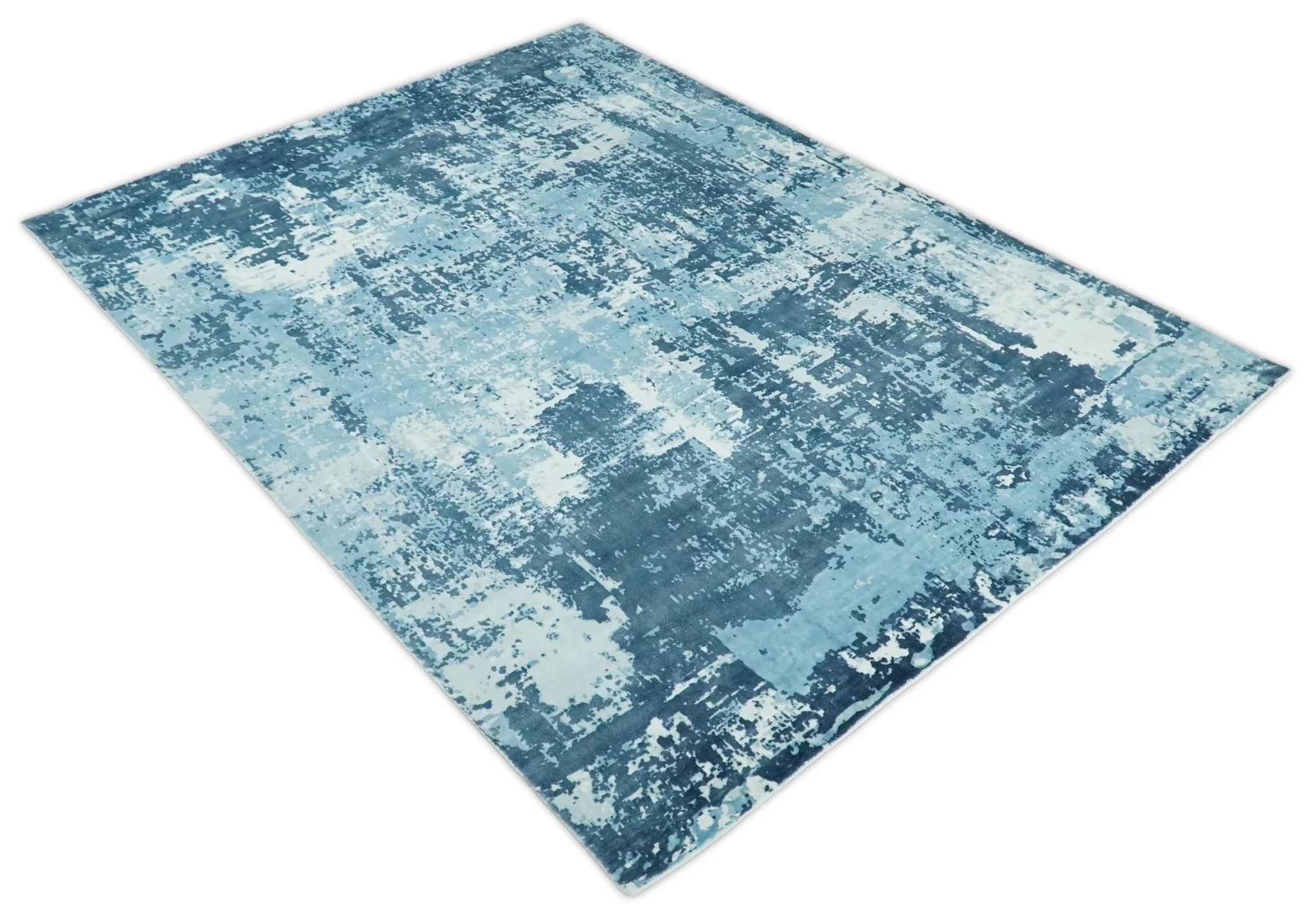 Handmade 8x10, 9x12 and 9.9x13.9 White and Blue Blended Wool and Bamboo Silk Area Rug - Image 8