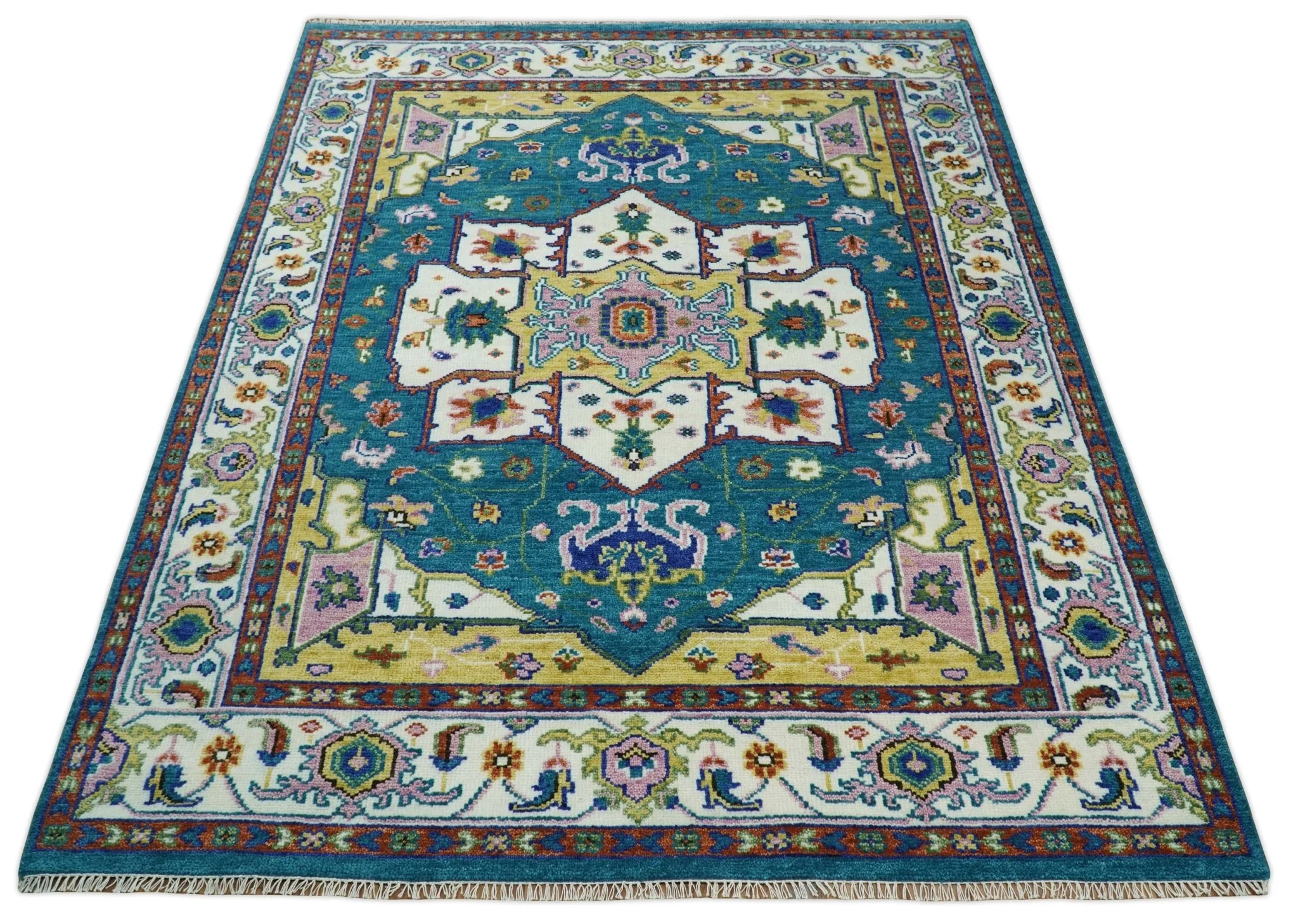 Hand Knotted White, Gold and Blue Multi Sizes Vibrant Colorful Heriz Medallion Area Rug - Image 10