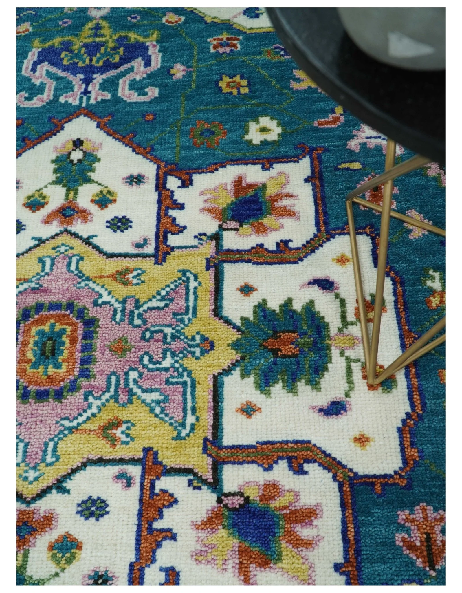 Hand Knotted White, Gold and Blue Multi Sizes Vibrant Colorful Heriz Medallion Area Rug - Image 2