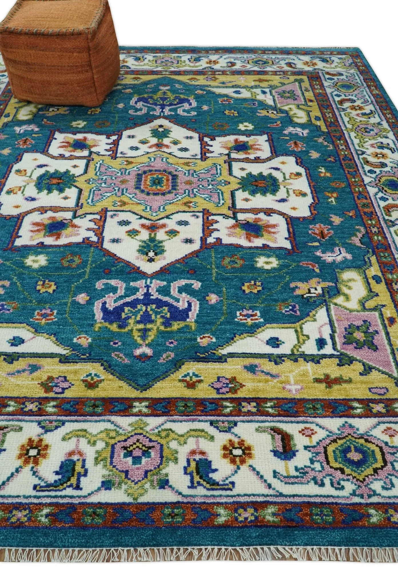 Hand Knotted White, Gold and Blue Multi Sizes Vibrant Colorful Heriz Medallion Area Rug - Image 3
