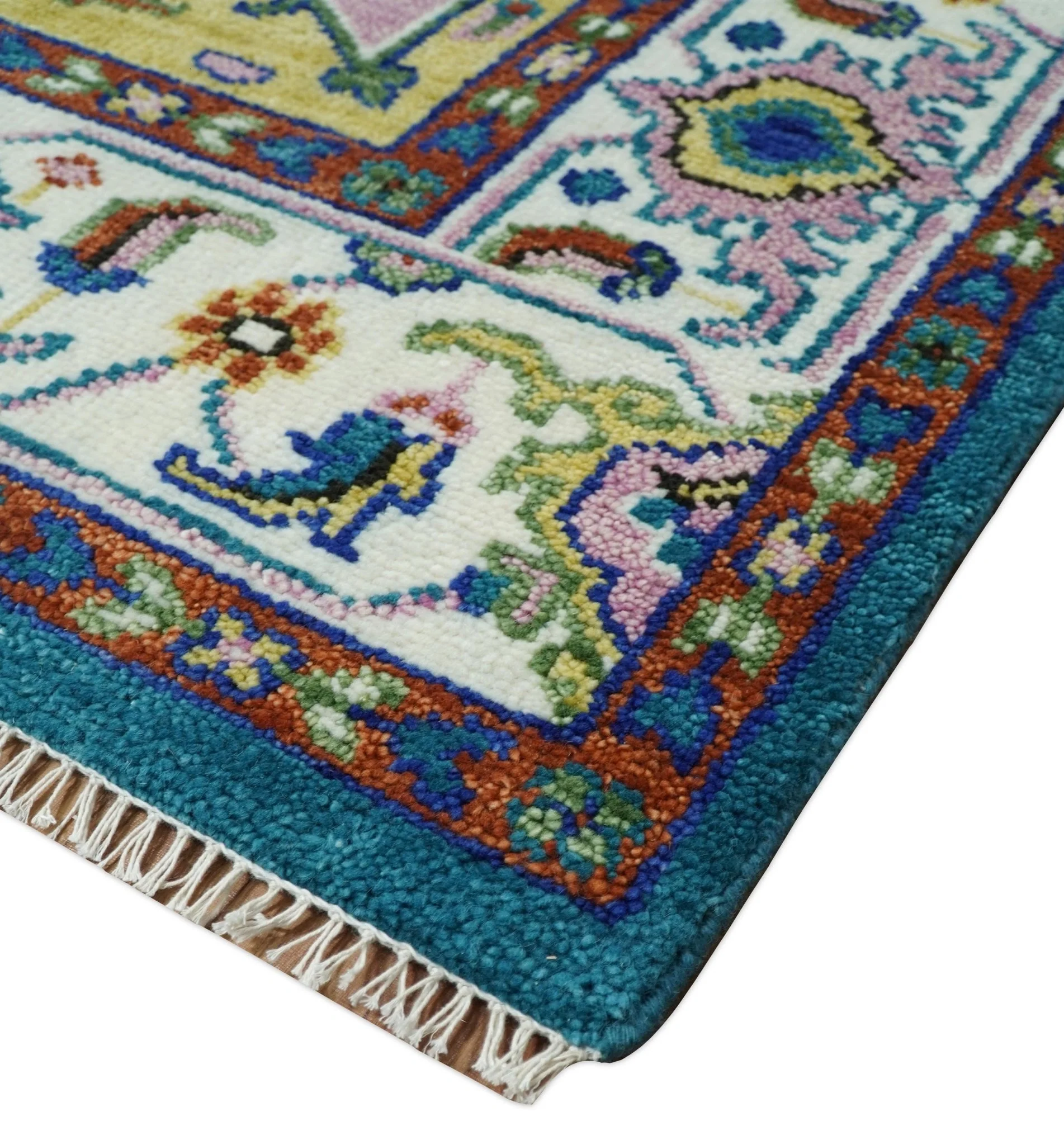 Hand Knotted White, Gold and Blue Multi Sizes Vibrant Colorful Heriz Medallion Area Rug - Image 5