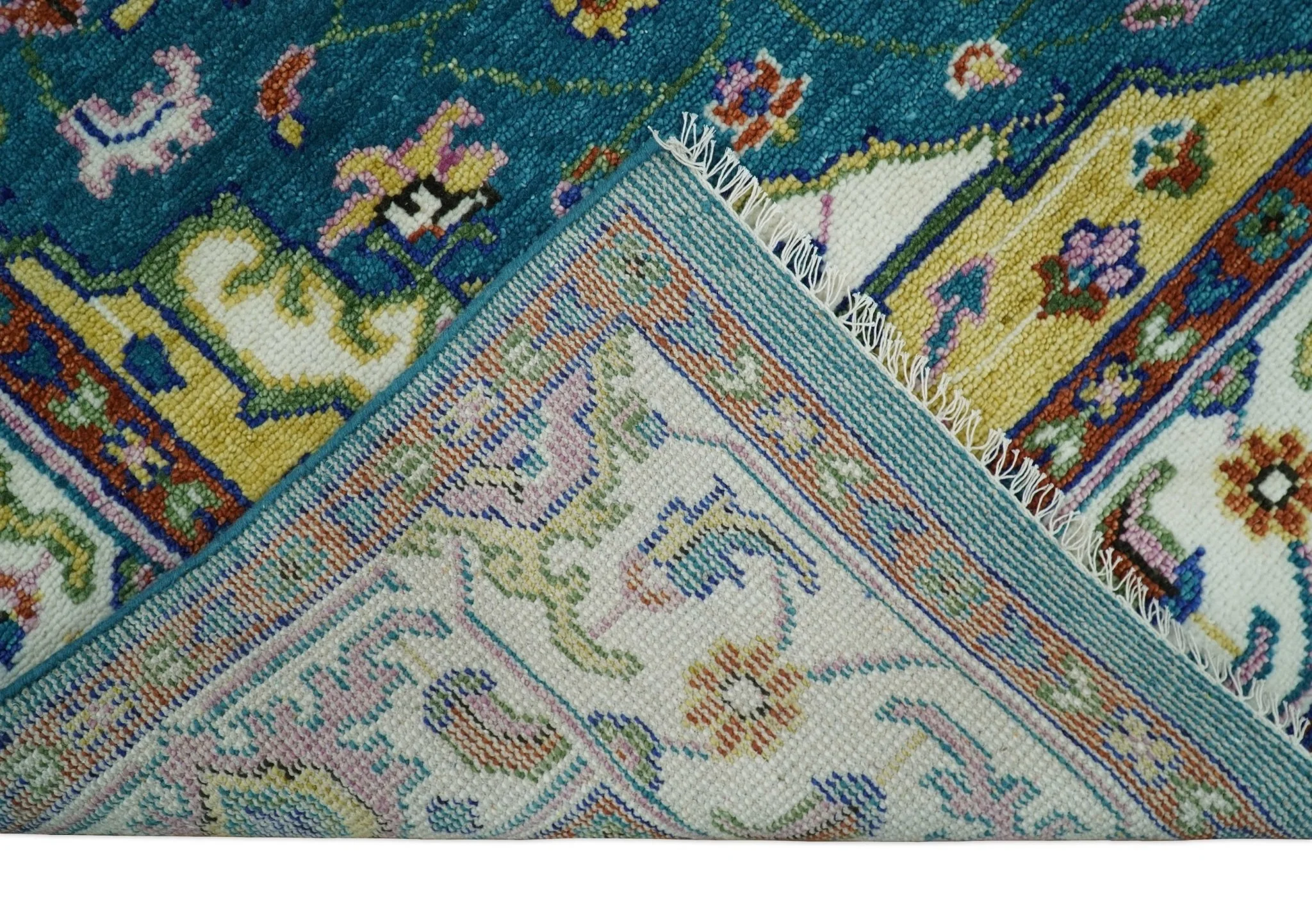 Hand Knotted White, Gold and Blue Multi Sizes Vibrant Colorful Heriz Medallion Area Rug - Image 6