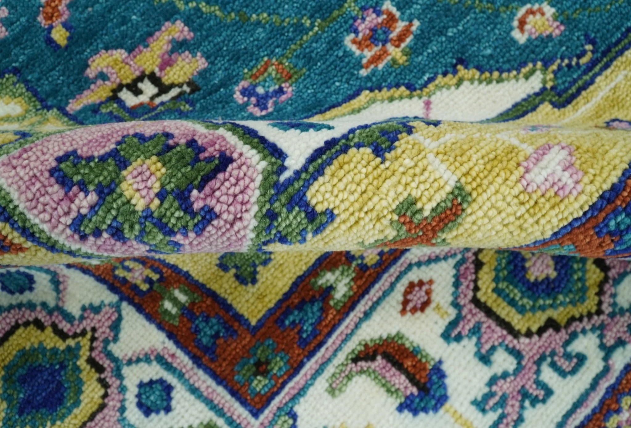 Hand Knotted White, Gold and Blue Multi Sizes Vibrant Colorful Heriz Medallion Area Rug - Image 7
