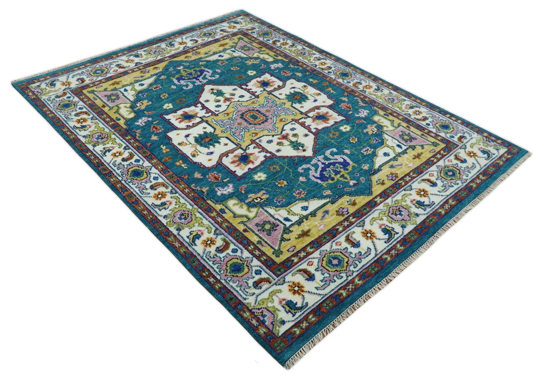 Hand Knotted White, Gold and Blue Multi Sizes Vibrant Colorful Heriz Medallion Area Rug - Image 9