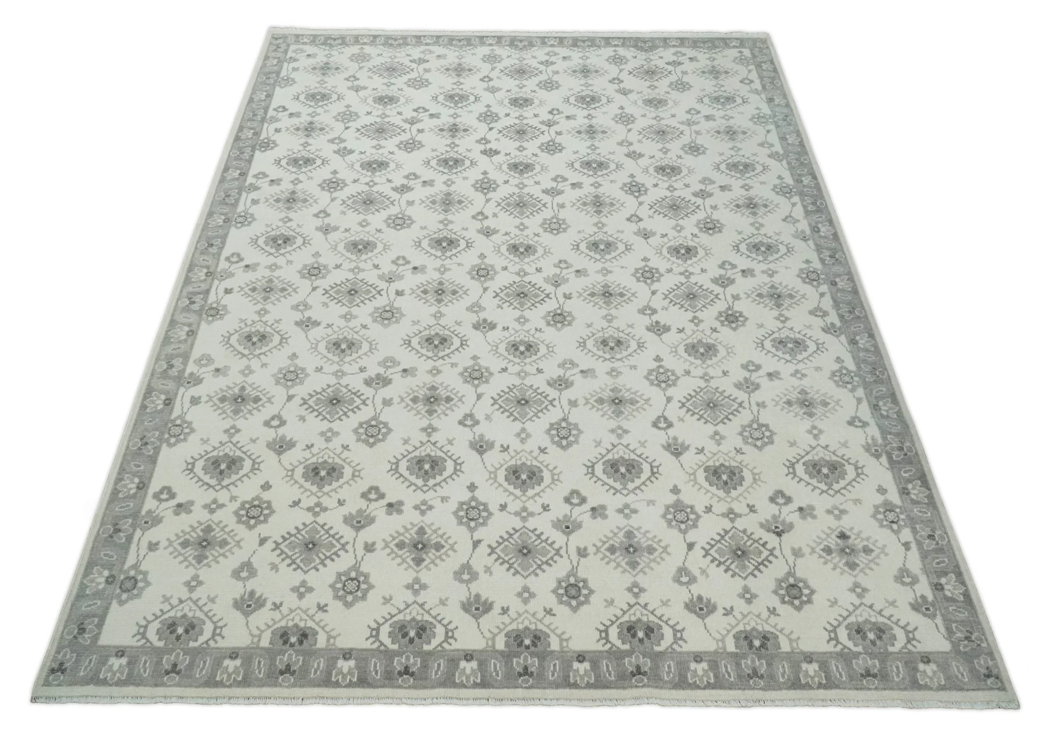 Ivory and Gray Persian 6x9, 8x10 and 9x12 Hand Knotted Traditional Antique Textured Low Pile Wool Rug | TRD54758 - Image 10