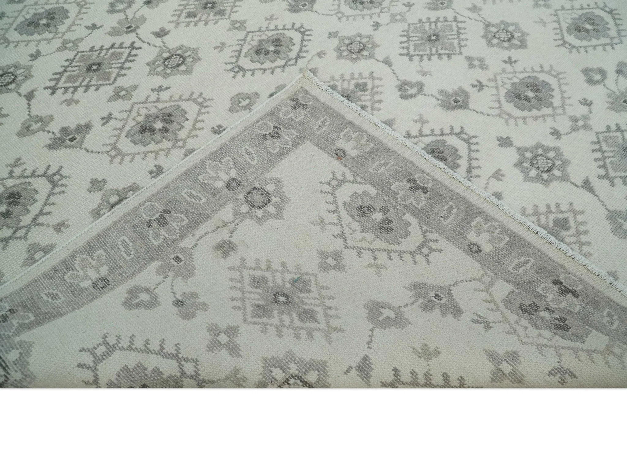 Ivory and Gray Persian 6x9, 8x10 and 9x12 Hand Knotted Traditional Antique Textured Low Pile Wool Rug | TRD54758 - Image 7