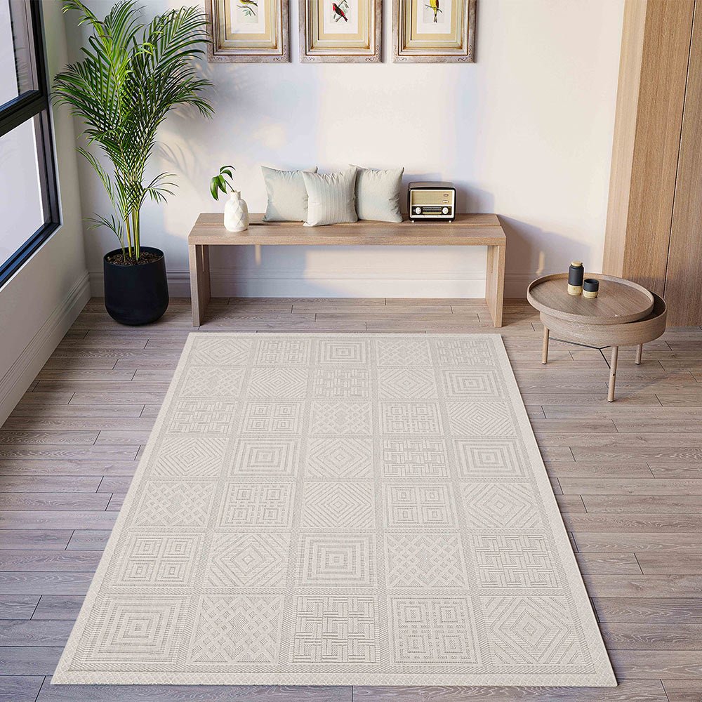 White Geometrical Machine Washable Polypropylene Rug - Image 2
