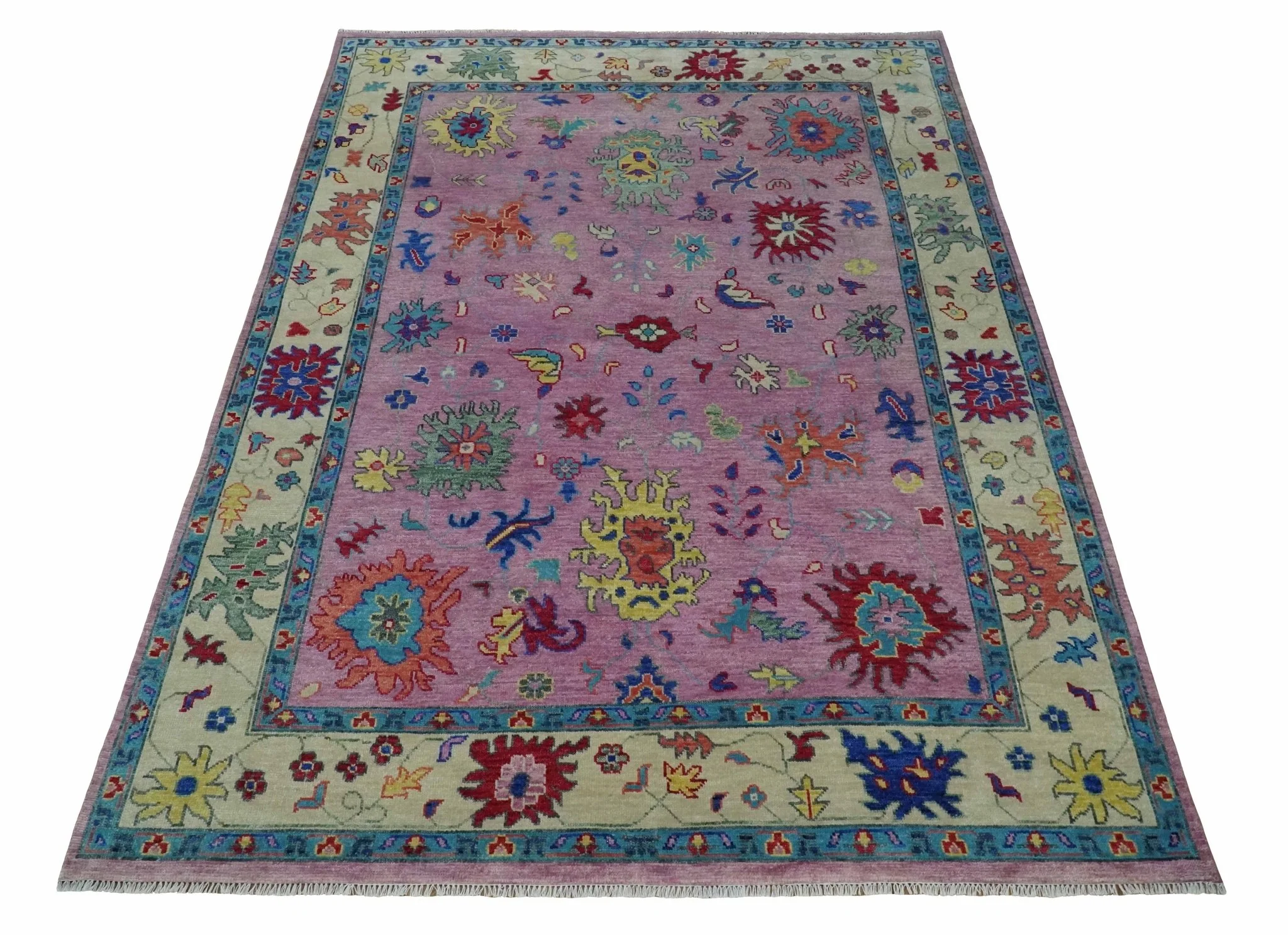 8x10 and 9x12 Wool Traditional Pink, Beige and Blue Vibrant Colorful Hand knotted Oushak Area Rug - Image 10