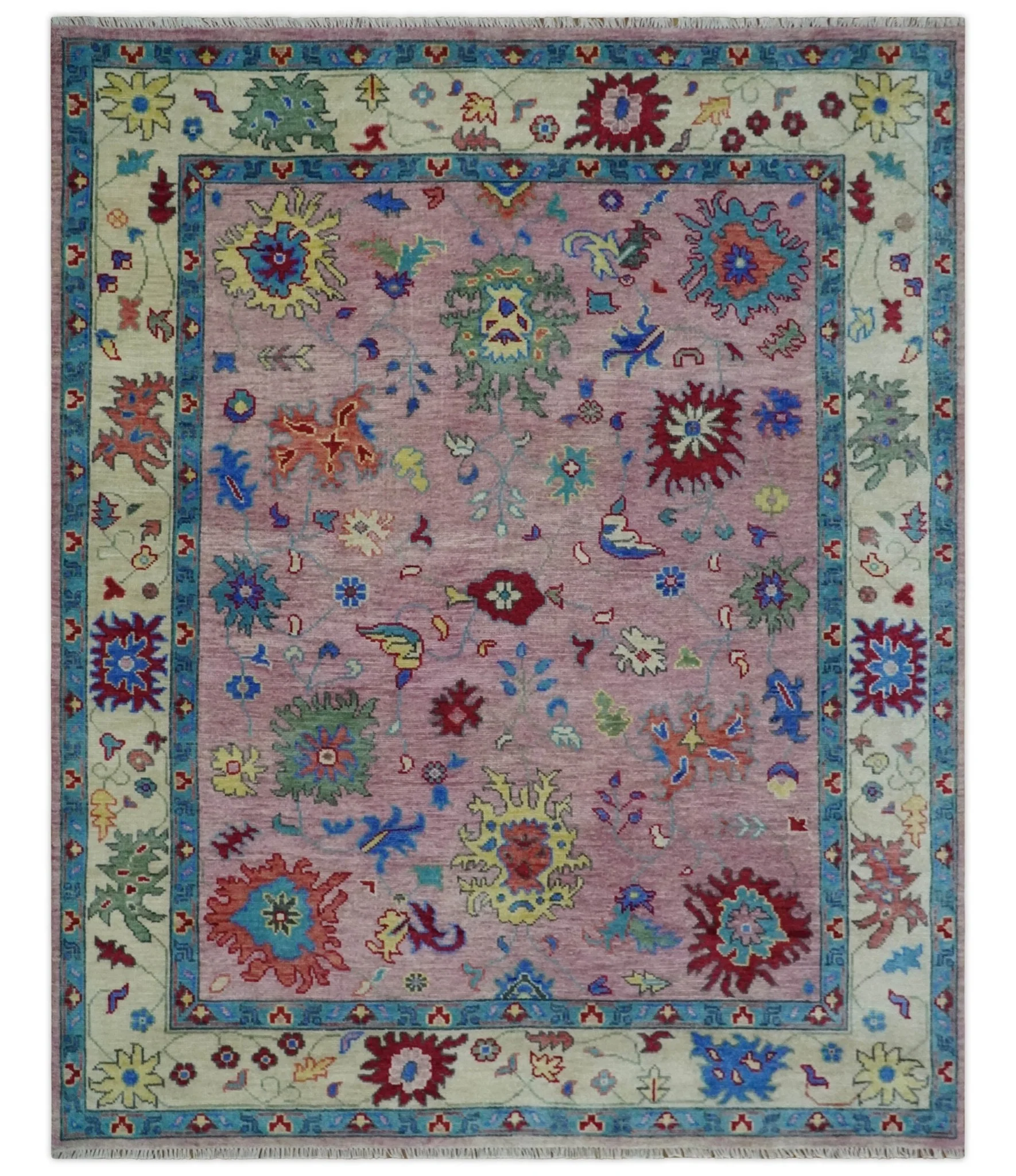 8x10 and 9x12 Wool Traditional Pink, Beige and Blue Vibrant Colorful Hand knotted Oushak Area Rug - Image 11