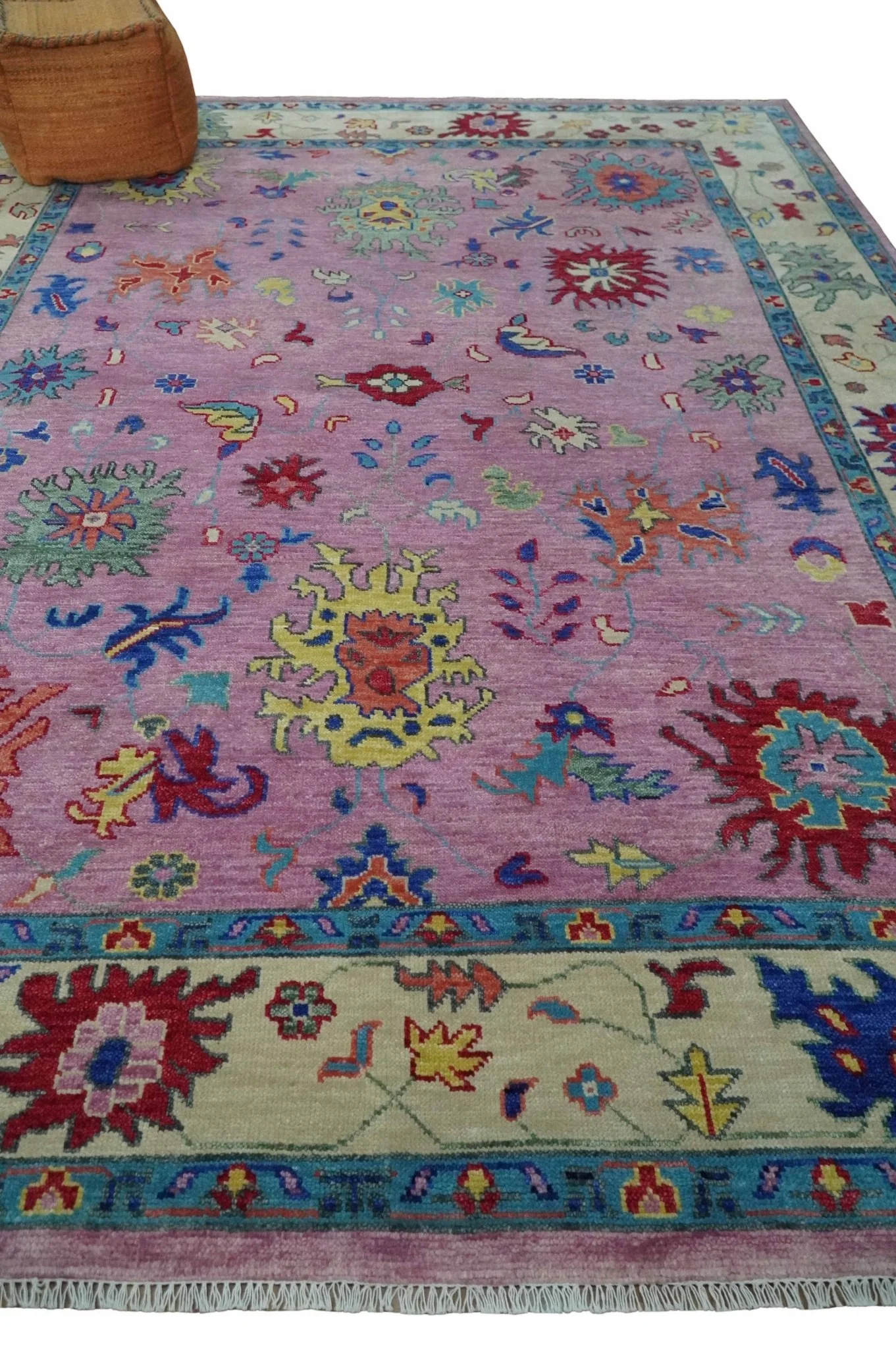 8x10 and 9x12 Wool Traditional Pink, Beige and Blue Vibrant Colorful Hand knotted Oushak Area Rug - Image 3