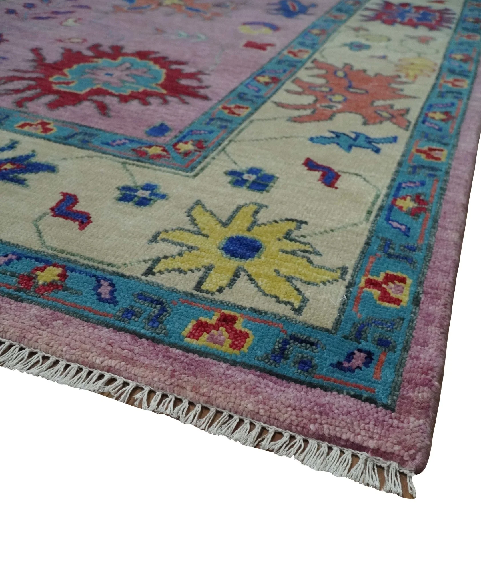 8x10 and 9x12 Wool Traditional Pink, Beige and Blue Vibrant Colorful Hand knotted Oushak Area Rug - Image 5