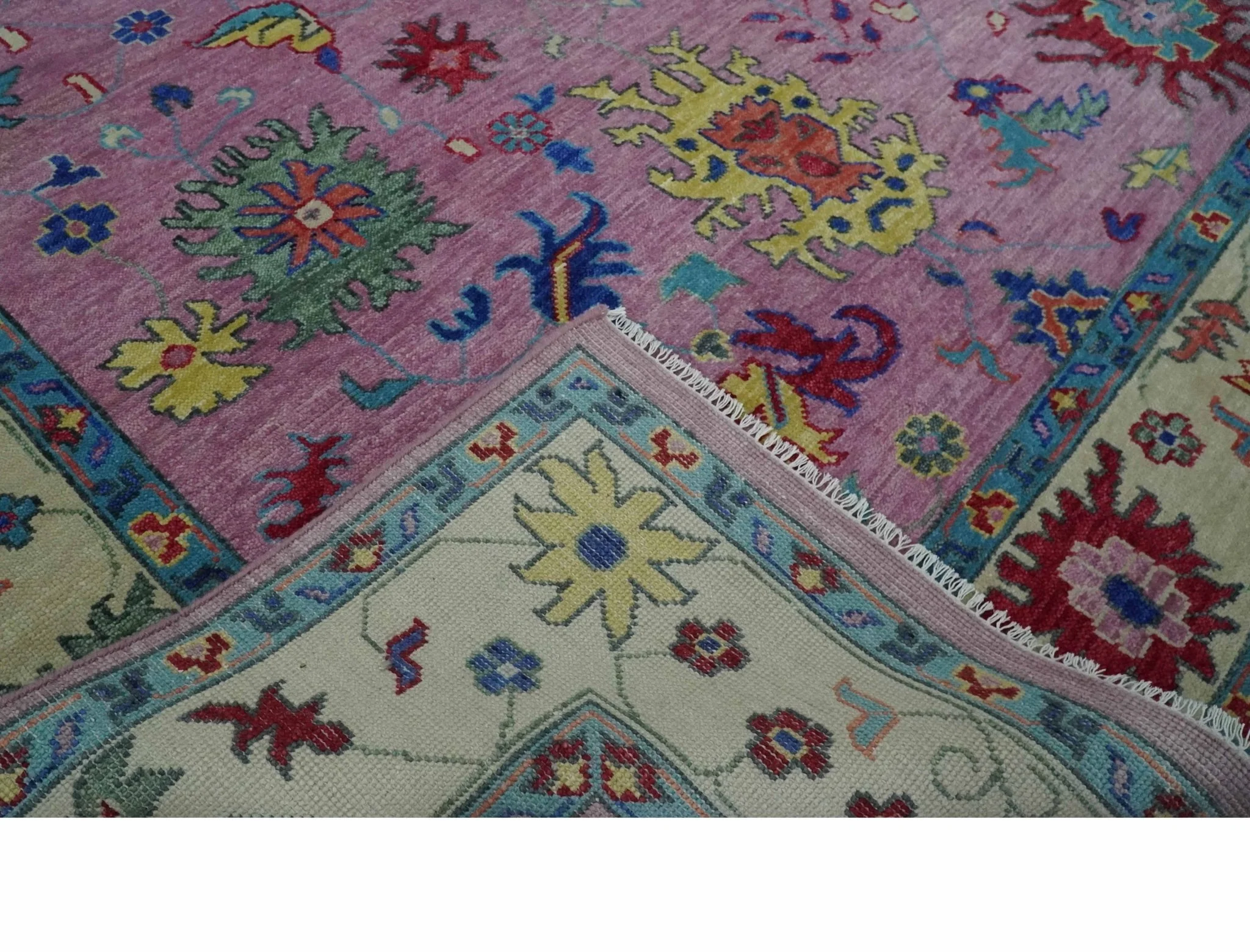 8x10 and 9x12 Wool Traditional Pink, Beige and Blue Vibrant Colorful Hand knotted Oushak Area Rug - Image 7