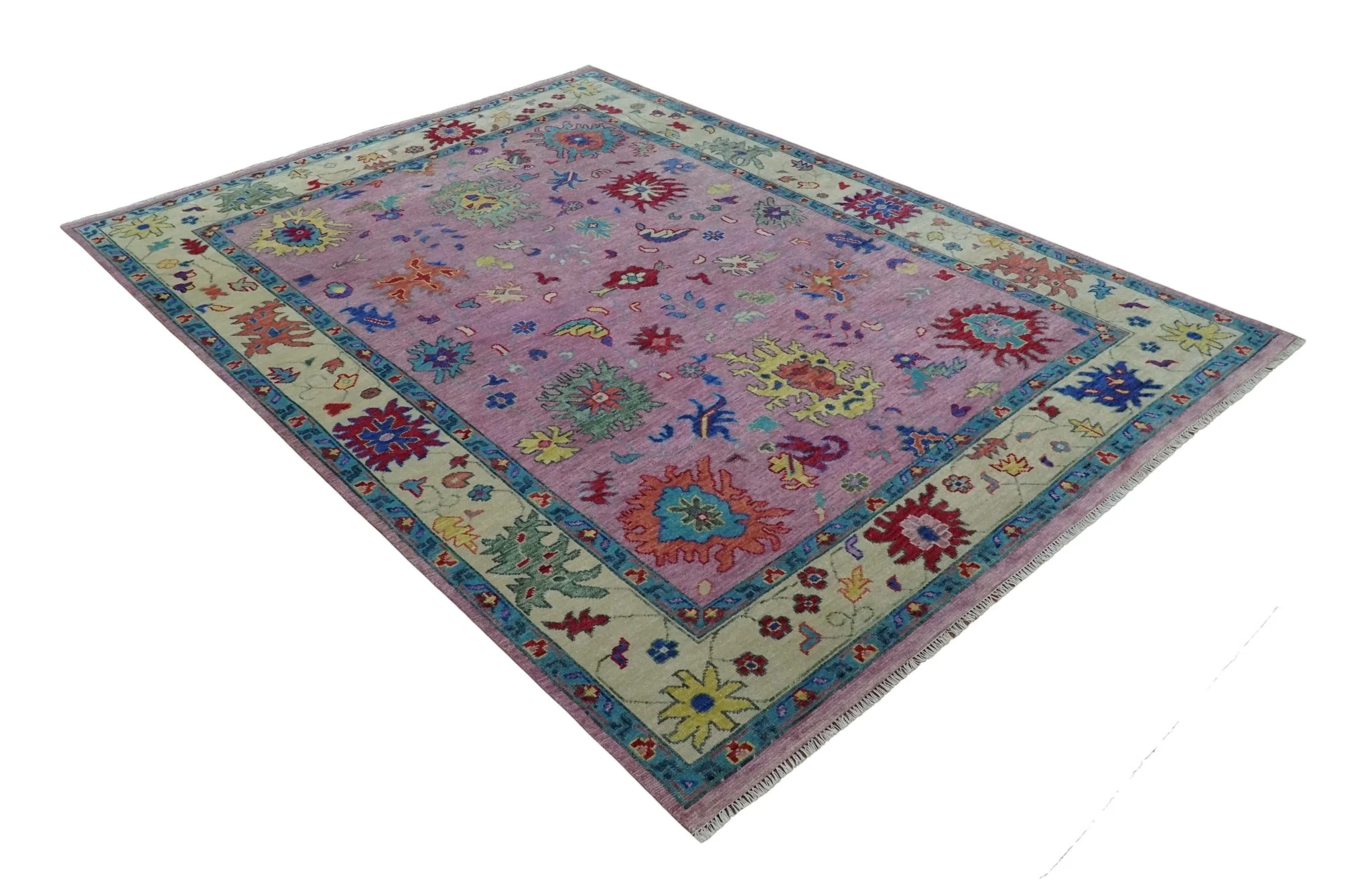 8x10 and 9x12 Wool Traditional Pink, Beige and Blue Vibrant Colorful Hand knotted Oushak Area Rug - Image 9