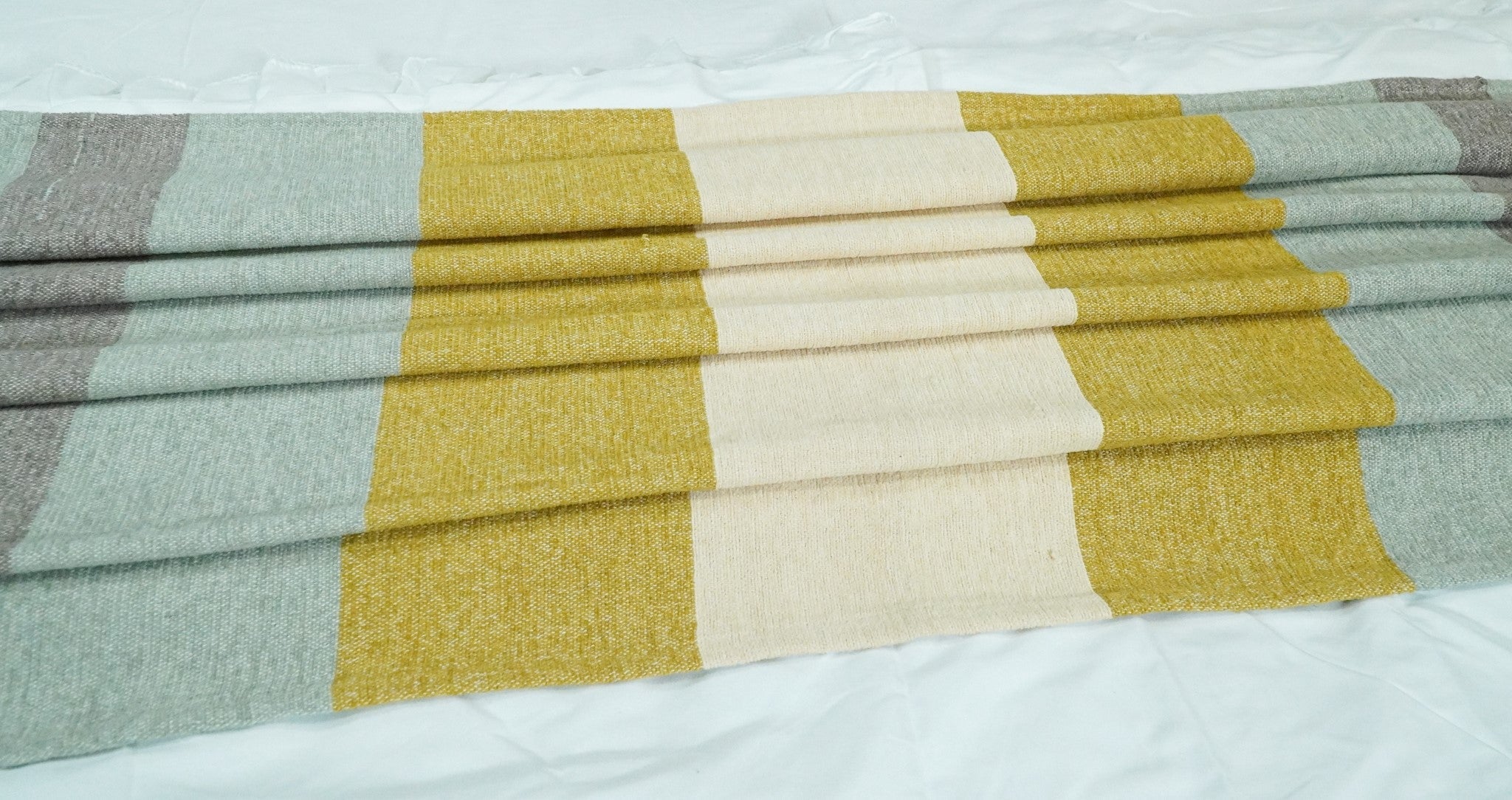 Woven Mint Green, Ivory and Yellow Cotton Throw Blanket - Image 3