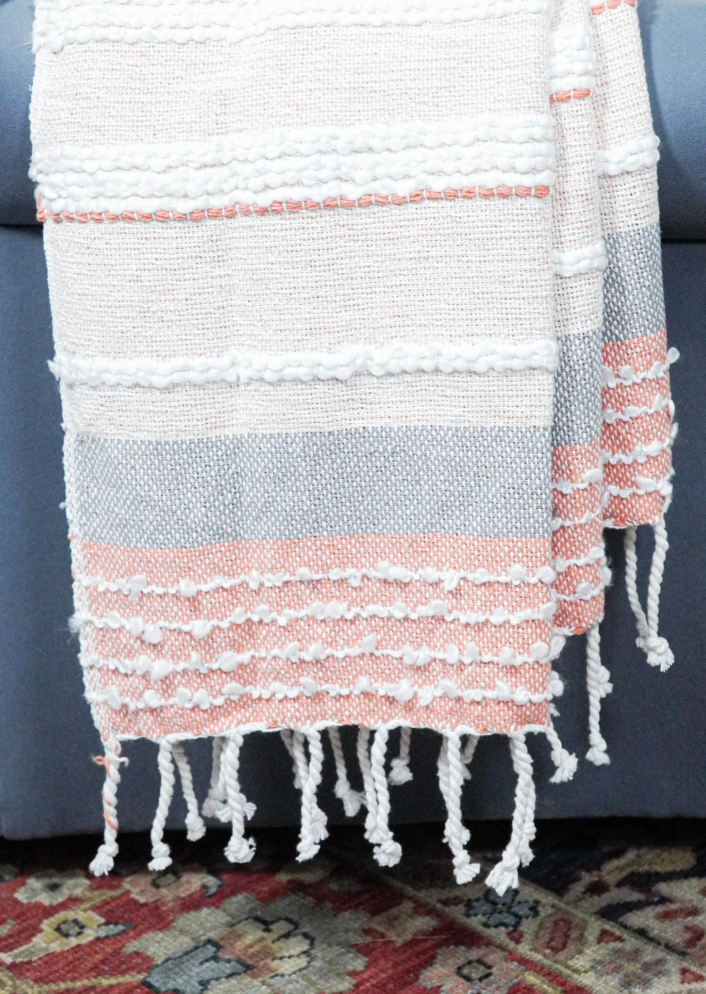 Woven White and Rust Cotton Throw Blanket - Image 3